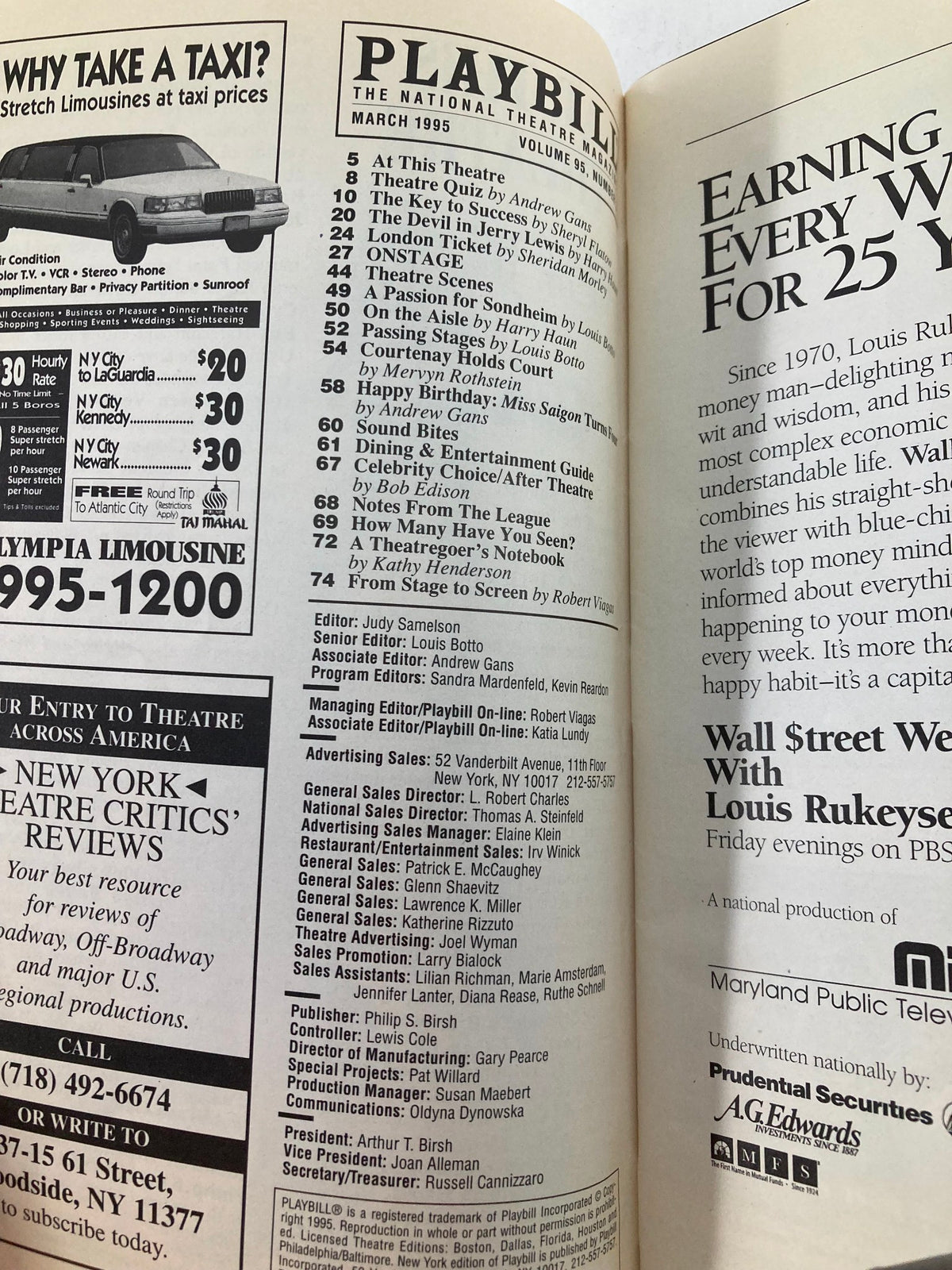 March 1995 Playbill page showcasing listings and advertisements from the National Theatre.