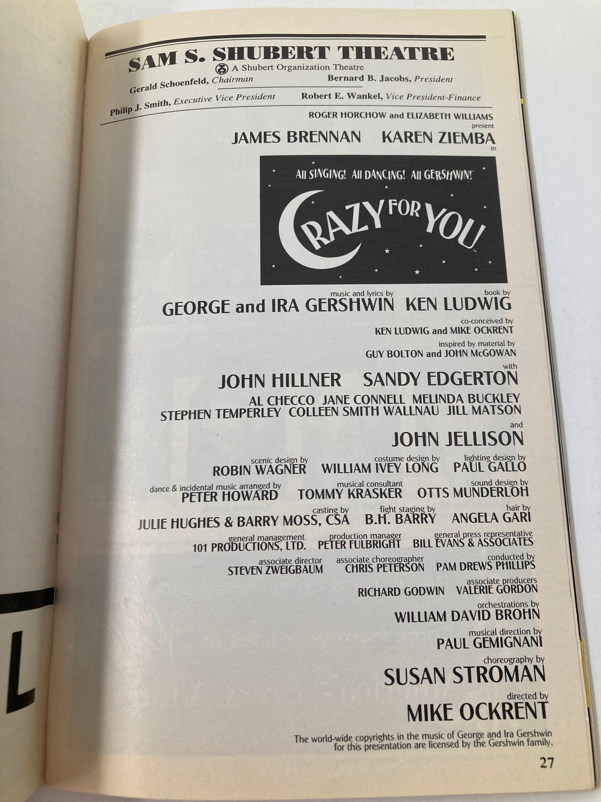 1995 Playbill for Crazy for You featuring the cast details including James Brennan and Karen Ziemba at Sam S. Shubert Theatre.