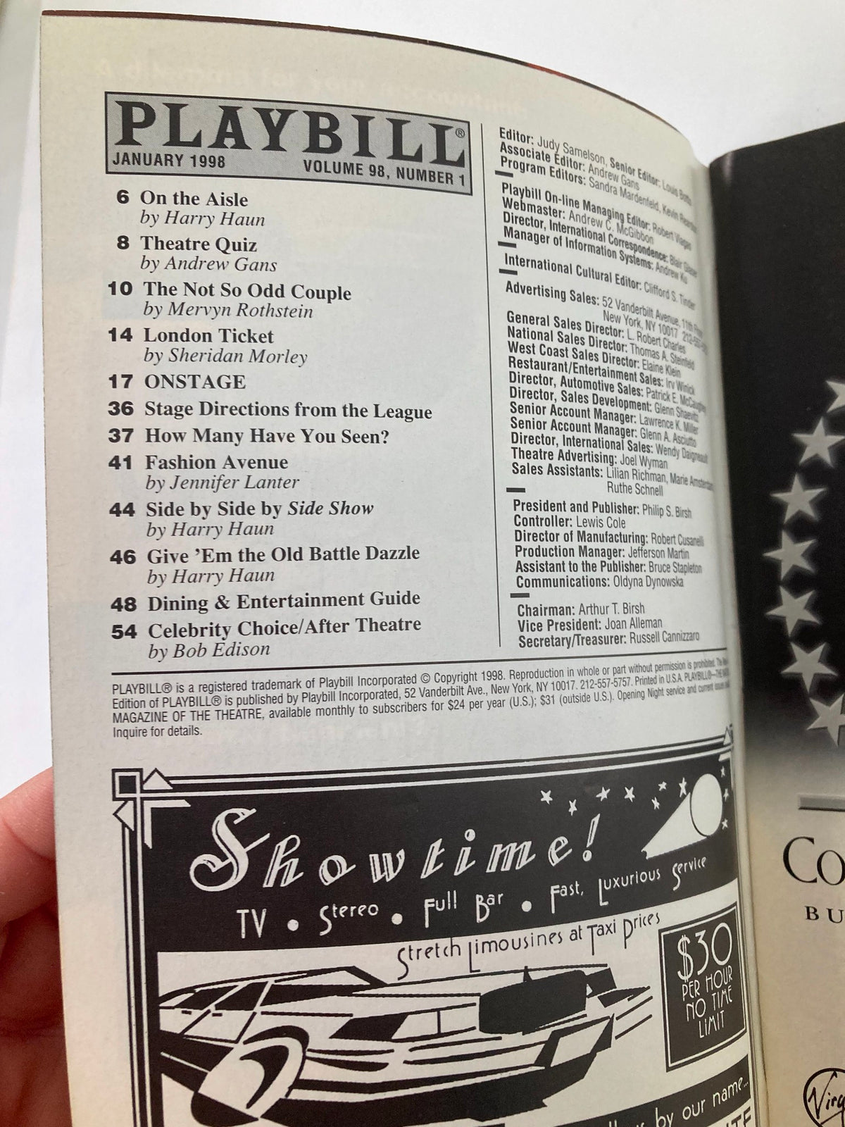 Inside page of the 1998 Playbill from Ethel Barrymore Theatre, displaying the table of contents and production credits for 'The Life'.