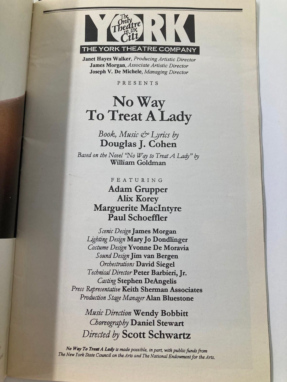 The cast list page from the 1997 Playbill for 'No Way To Treat A Lady', featuring Adam Grupper and other notable performers.