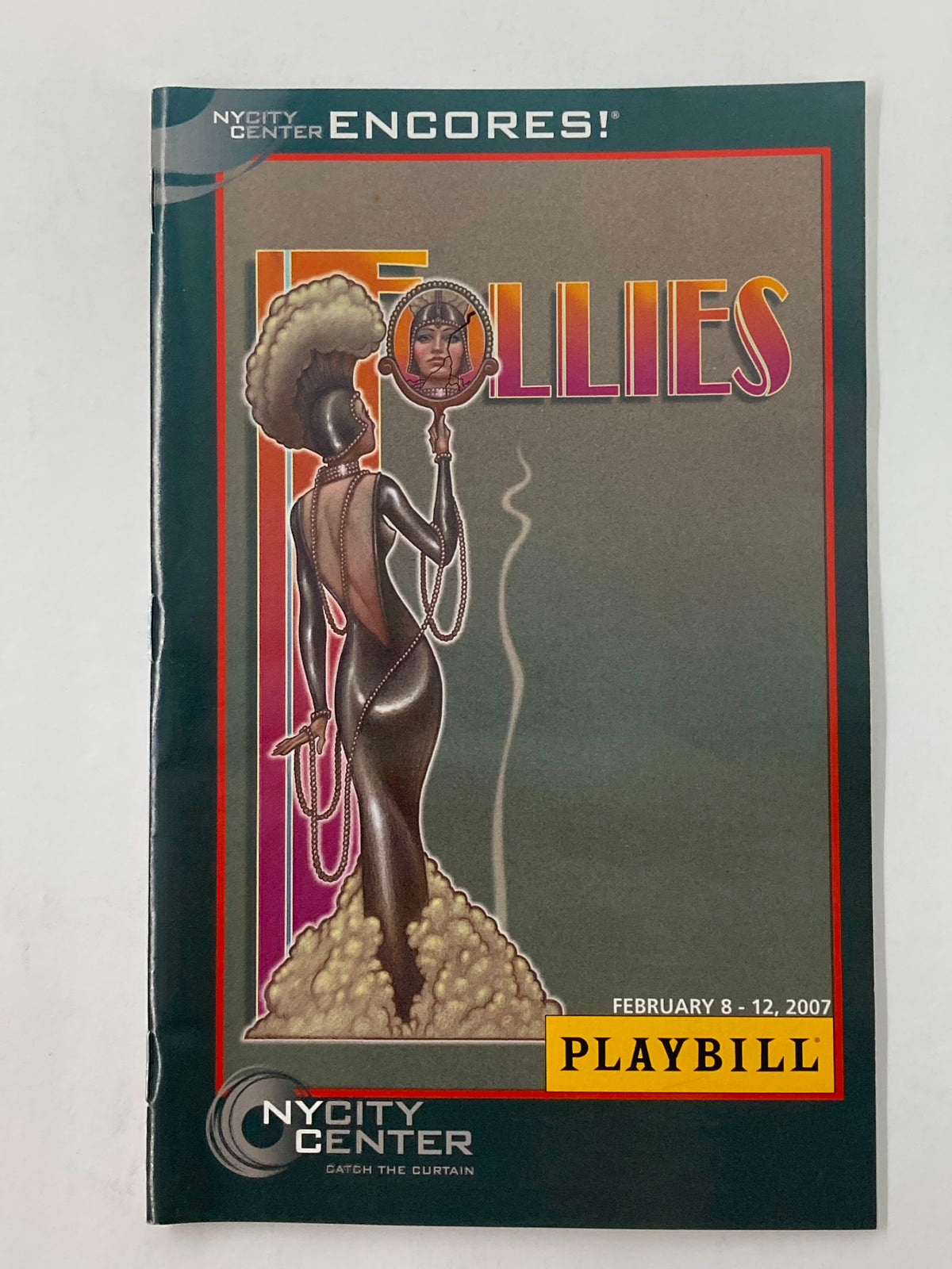 2007 Playbill from NY City Center featuring Follies, showcasing a striking cover design with an artistic depiction of a performer in glamorous attire.