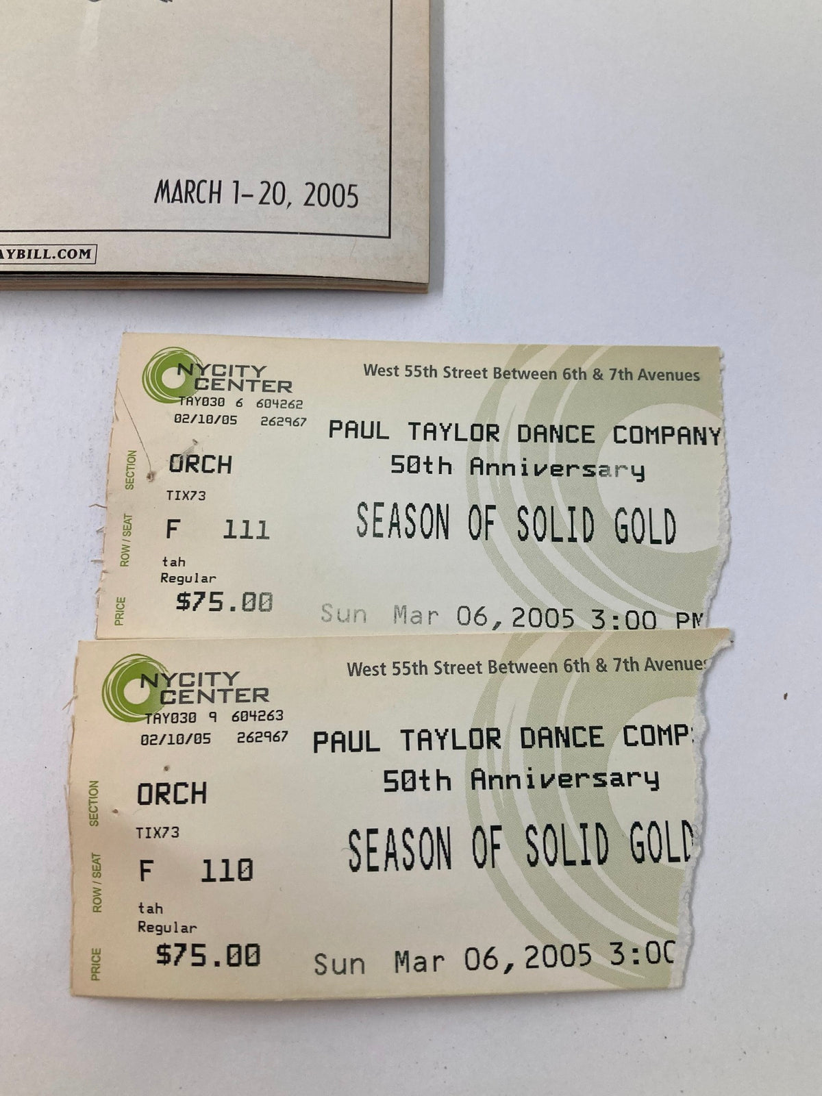Close-up of tickets for 'Season of Solid Gold' from the 2005 Playbill featuring Patrick Corbin in Paul Taylor Dance Company, dated March 6, 2005.