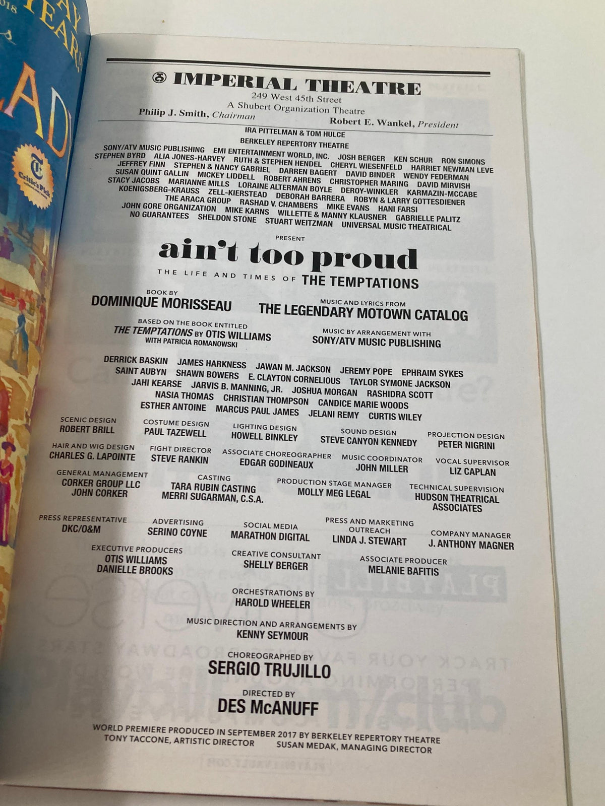 Another inside page of the 2019 Playbill for 'Ain't Too Proud', detailing the cast and creative team behind the musical at the Imperial Theatre.