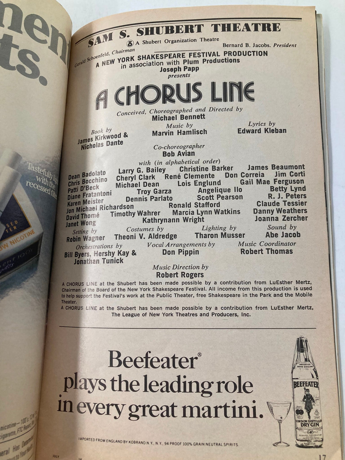 1979 Playbill page featuring the cast and production details of 'A Chorus Line,' presented at the Sam S. Shubert Theatre, directed by Michael Bennett.