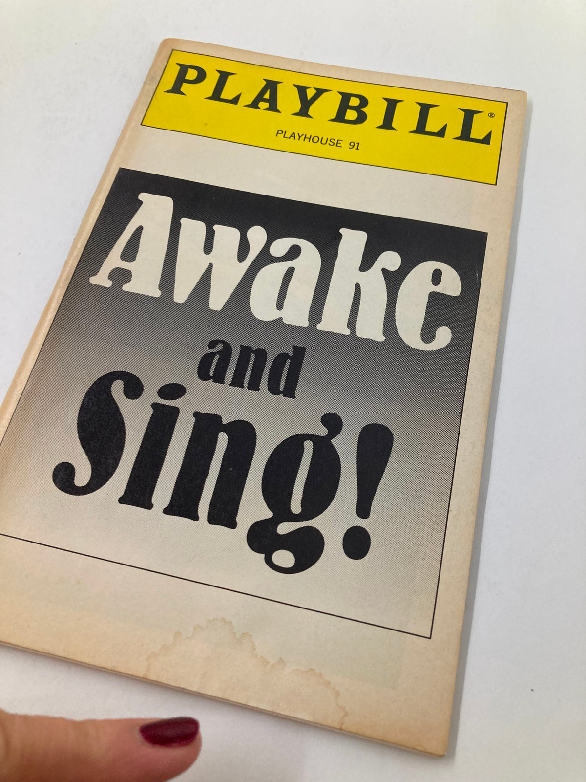 Close-up view of 1995 Playbill for Awake and Sing! showcasing the cover with minor aging.