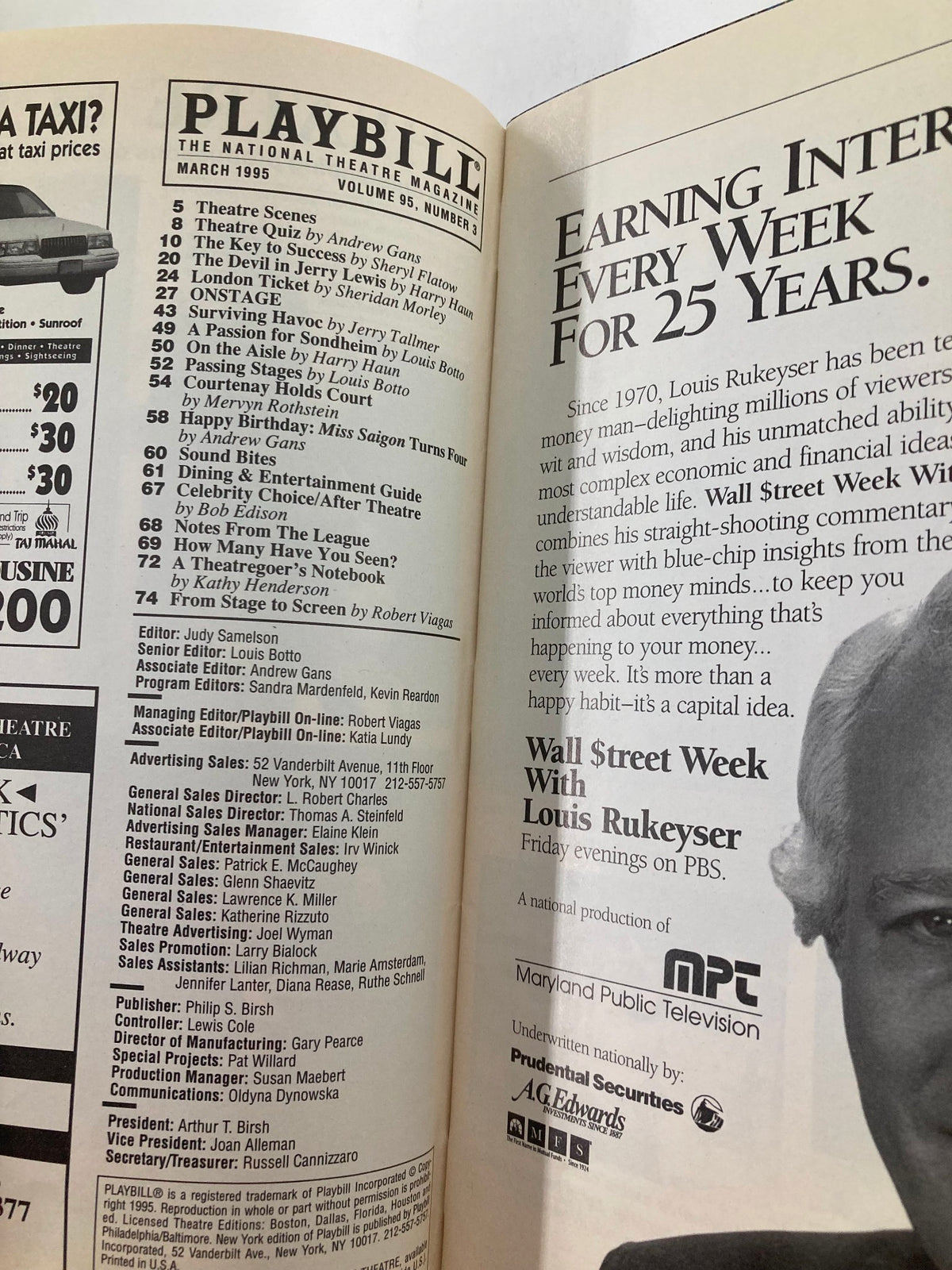 Inside page of 1995 Playbill for Awake and Sing! displaying theater listings and magazine content.