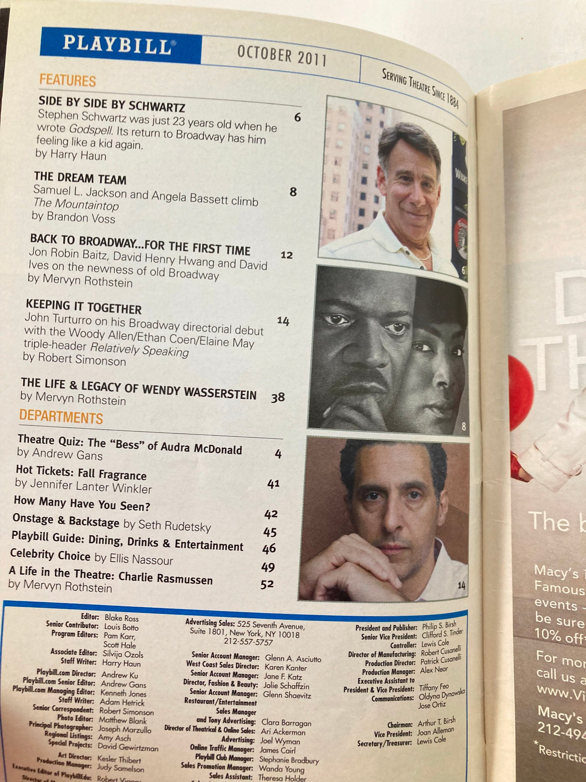 Interior page of the 2011 Playbill from Marquis Theatre showcasing articles and features related to theatre, including contributions from notable writers.