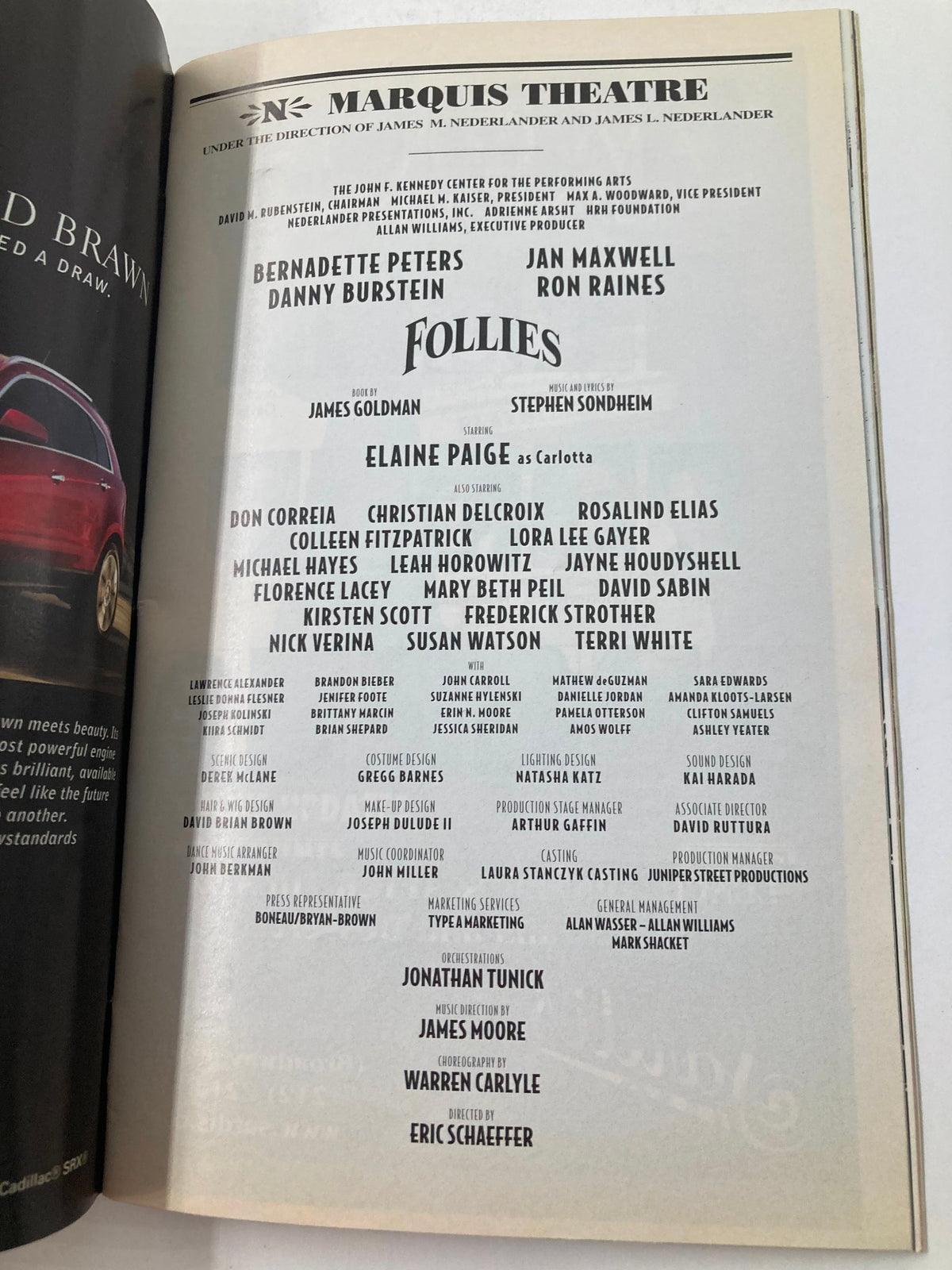 Cast and crew listing page from the 2011 Playbill from Marquis Theatre for Follies, featuring names like Don Correia and Rosalind Elias.