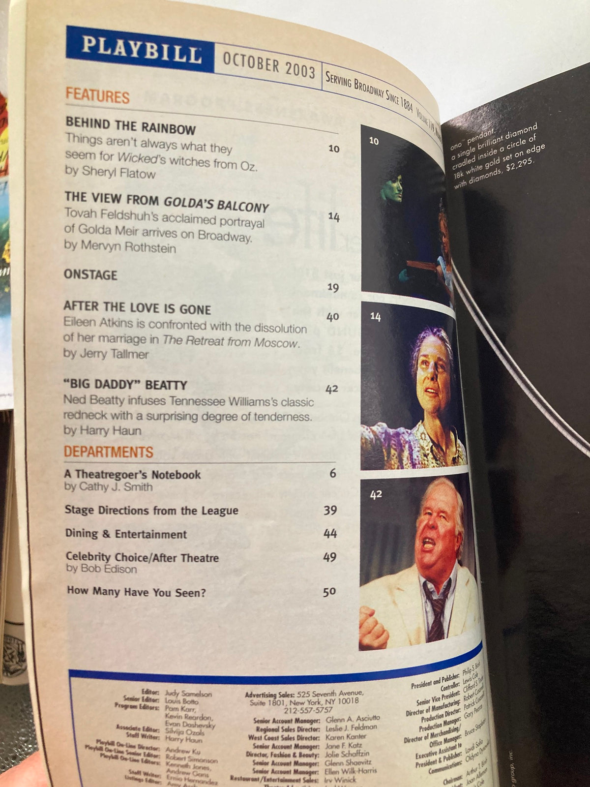 Inside page of the 2003 Playbill for Johnny Mercer in Never Gonna Dance, showcasing various articles and features about theatrical performances.
