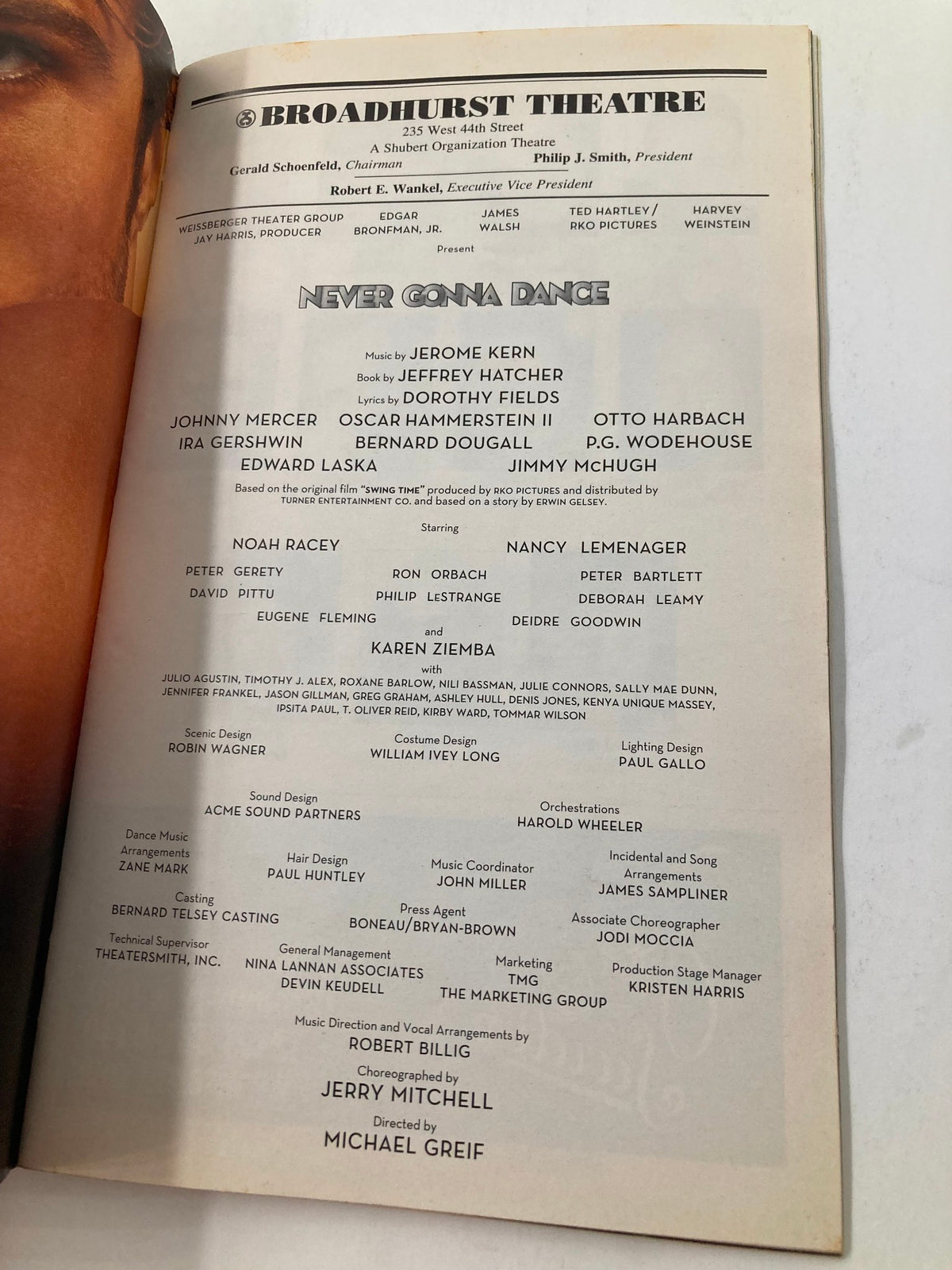 Interior page of the 2003 Playbill for Johnny Mercer in Never Gonna Dance, featuring cast and crew details from the Broadhurst Theatre.