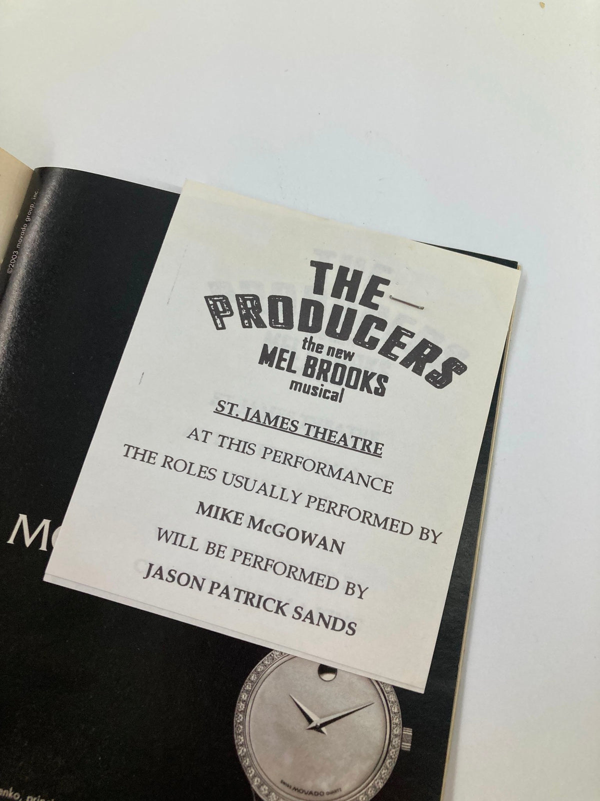 2003 Playbill from St. James Theatre indicating the performance details of Mel Brooks' The Producers, performed by Jason Patrick Sands.