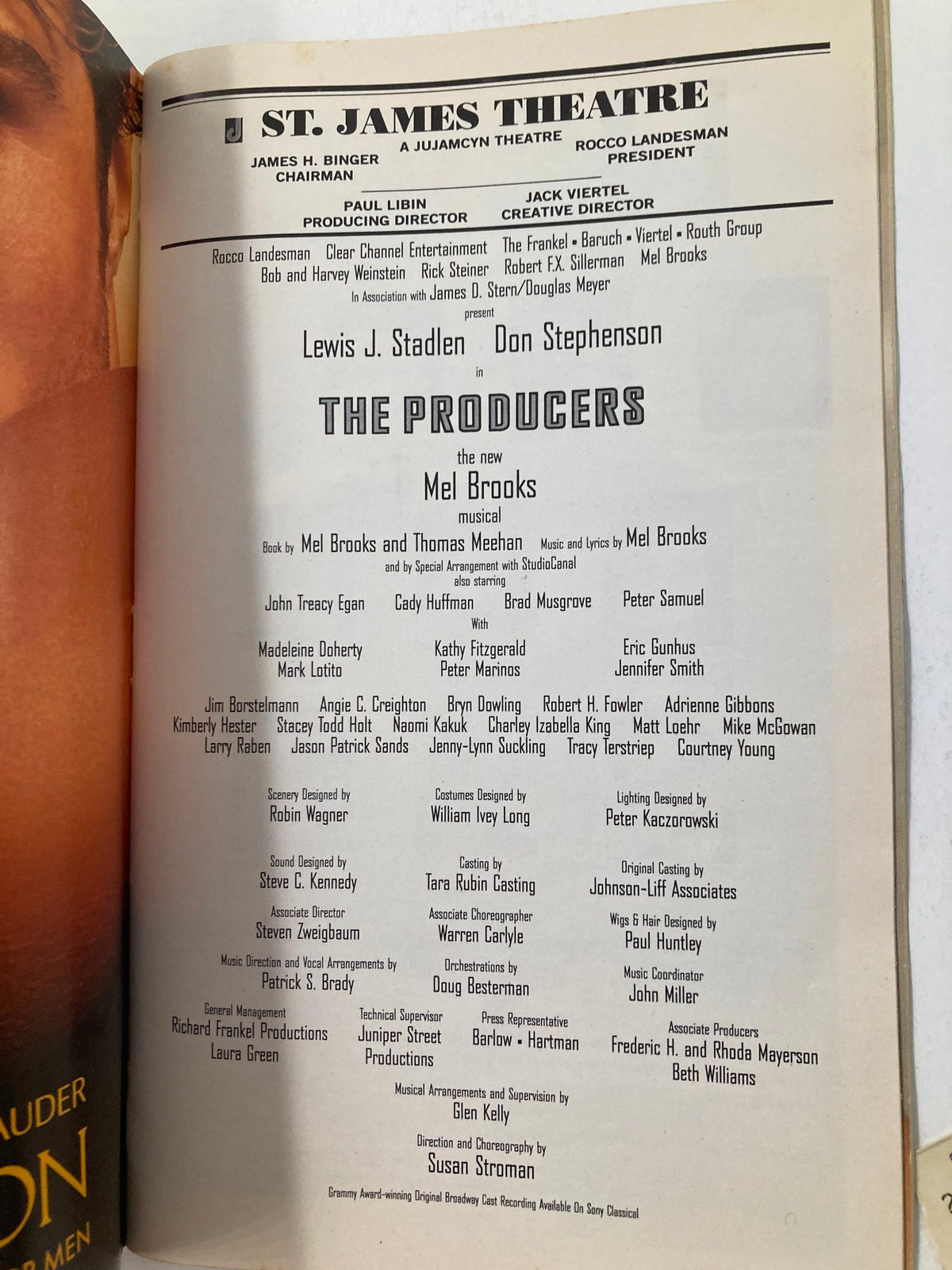 2003 St. James Theatre Playbill page listing cast members including Lewis J. Stadlen in Mel Brooks' The Producers.