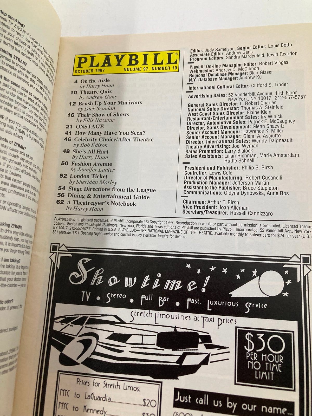 October 1997 Playbill Volume 97 Number 18 featuring highlights from the Broadway scene, including an editorial section and advertising for theater-related services.