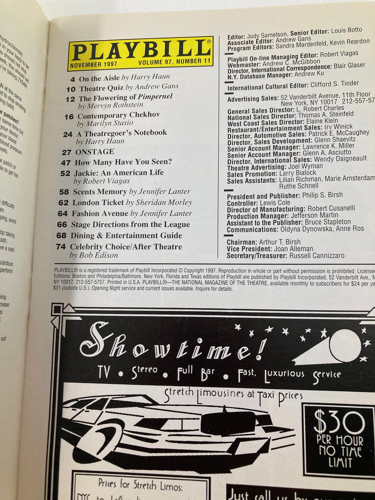 Interior page of the 1997 Playbill for The Music Box, featuring a list of contents including articles and features, with a focus on theatrical productions.
