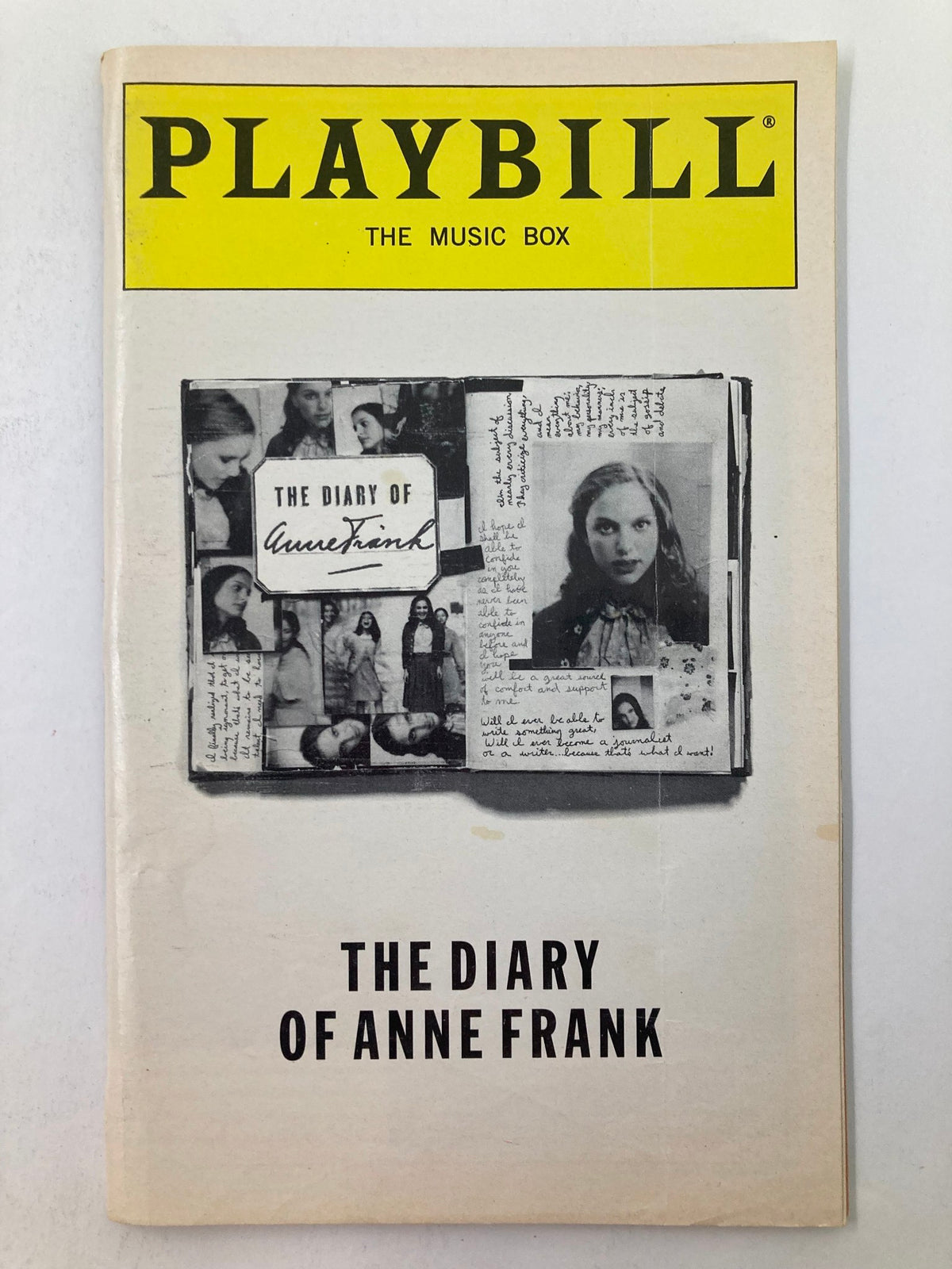 1997 Playbill for The Music Box featuring The Diary of Anne Frank with iconic cover art depicting images related to the story.