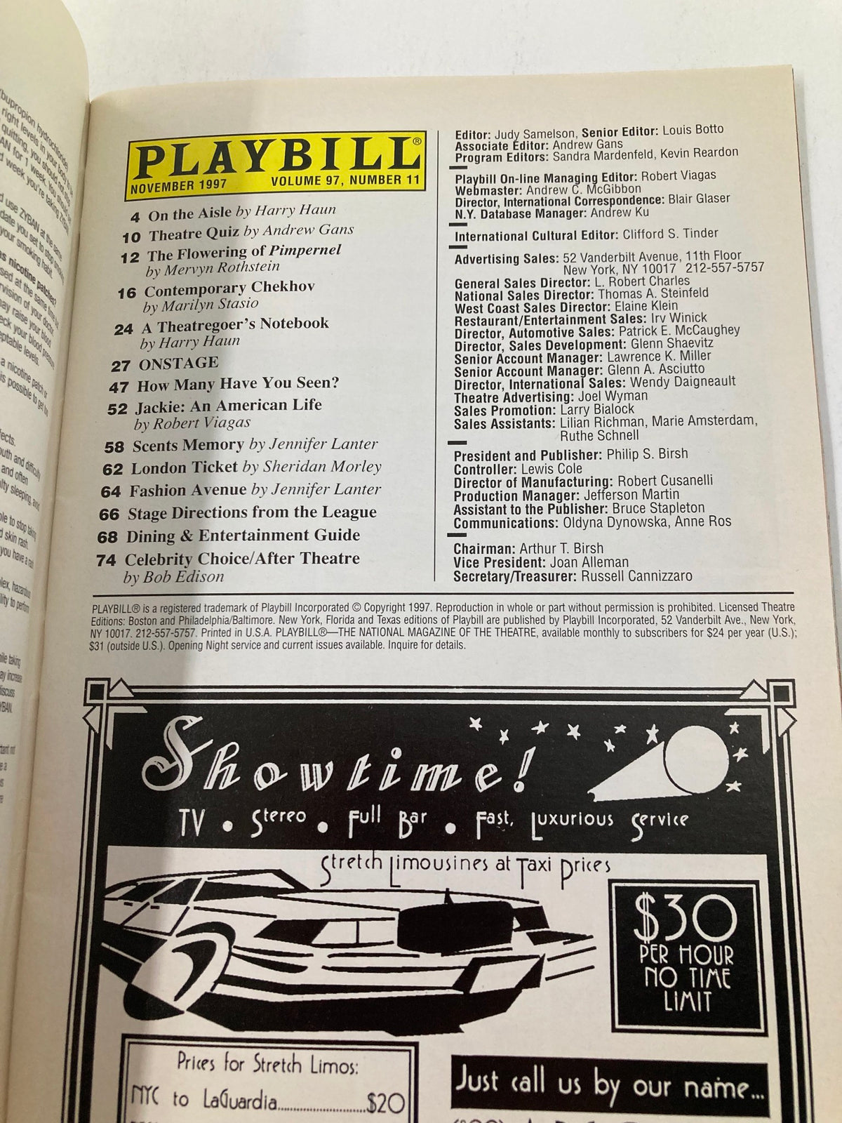 Interior page of the 1997 Playbill for The Music Box, displaying contents and features from the production of The Diary of Anne Frank.