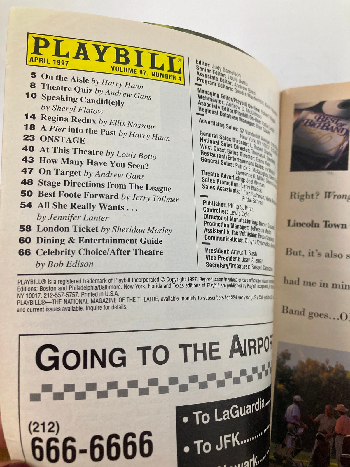 Inside page of the 1997 Playbill for An American Daughter, detailing the contents and production credits.