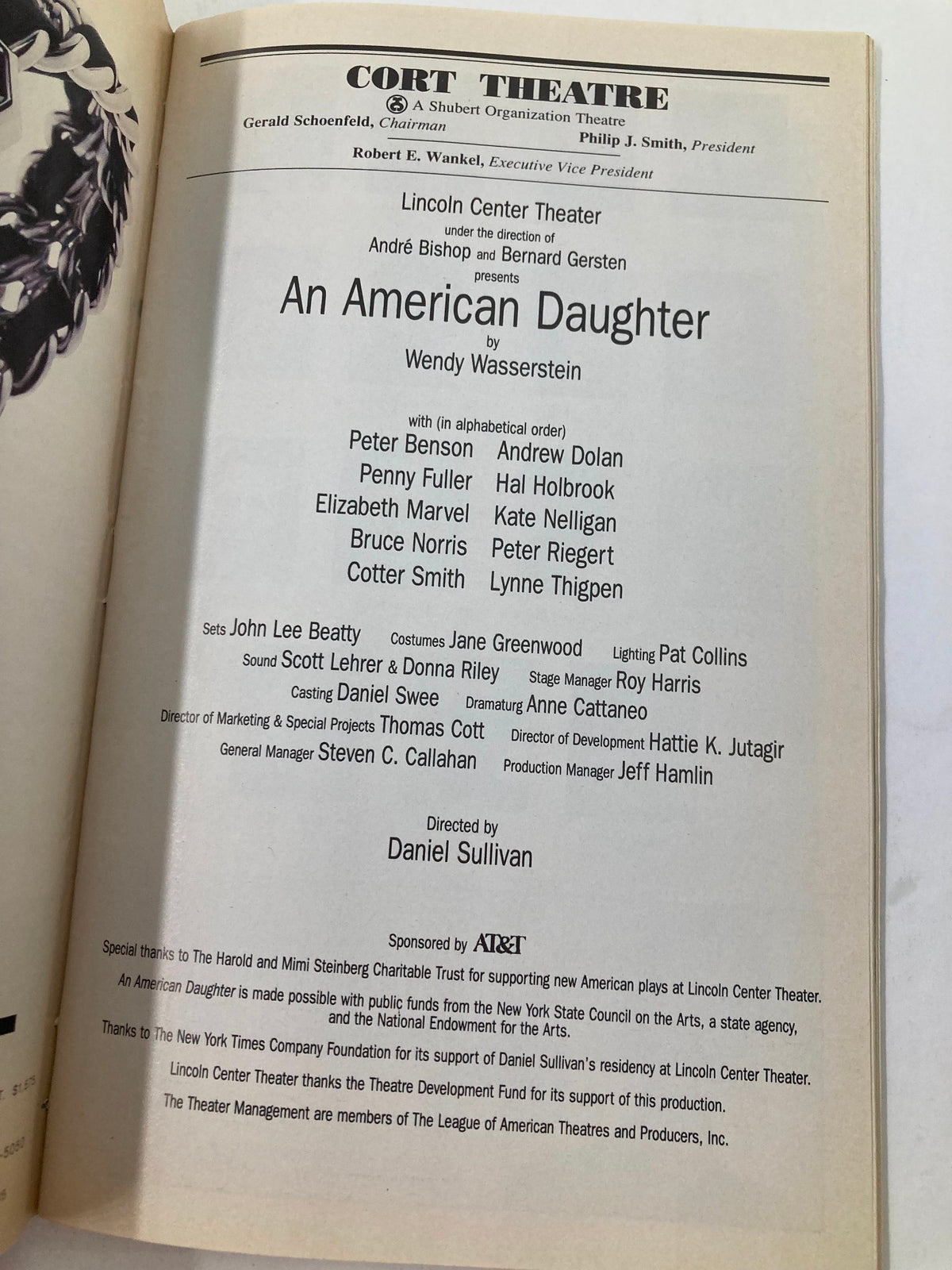 Back page of the 1997 Playbill for An American Daughter, showcasing the cast and creative team involved in the production.