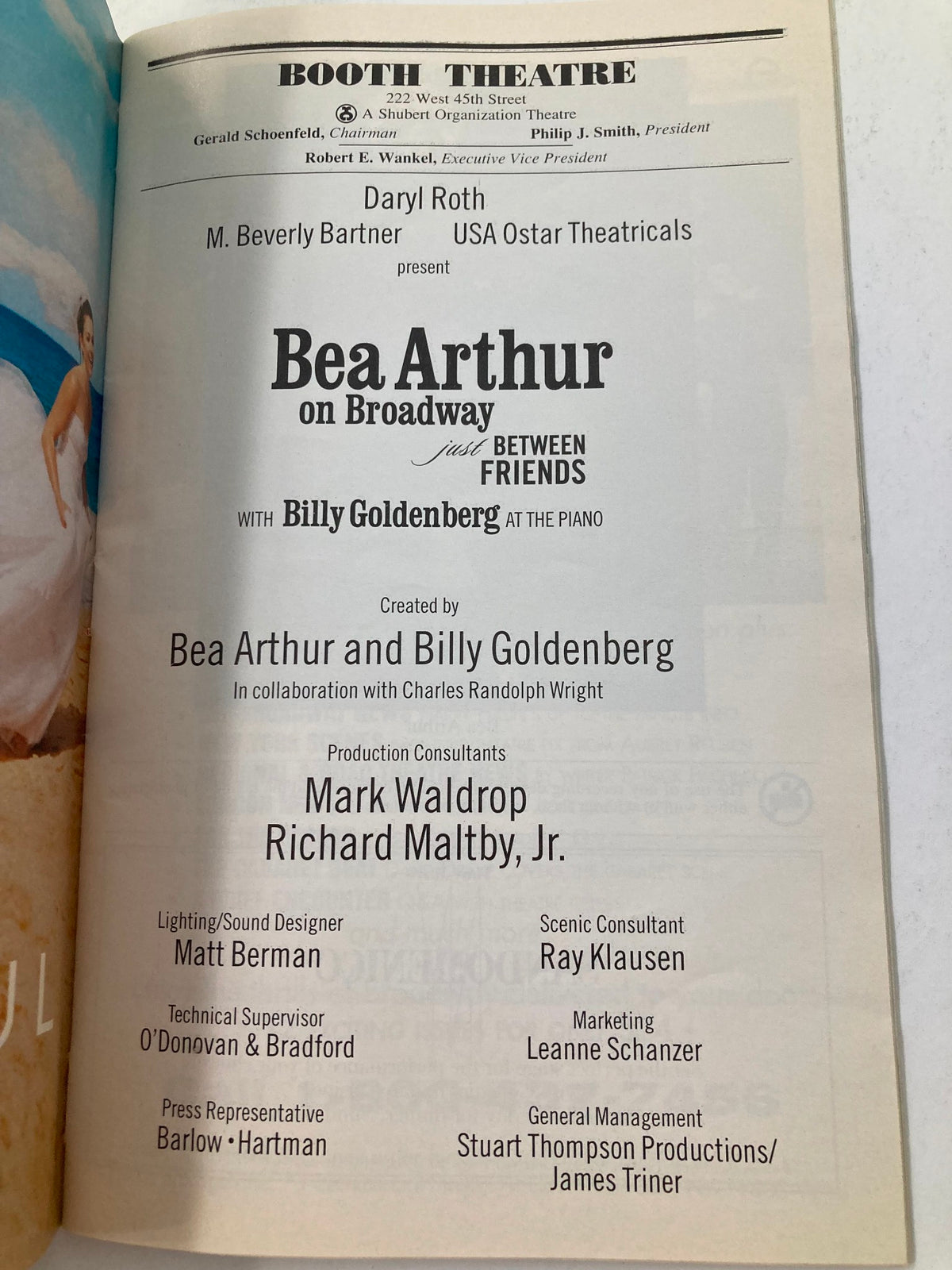 Credits page from 2002 Playbill for Bea Arthur on Broadway Just Between Friends including key contributors and performance details.
