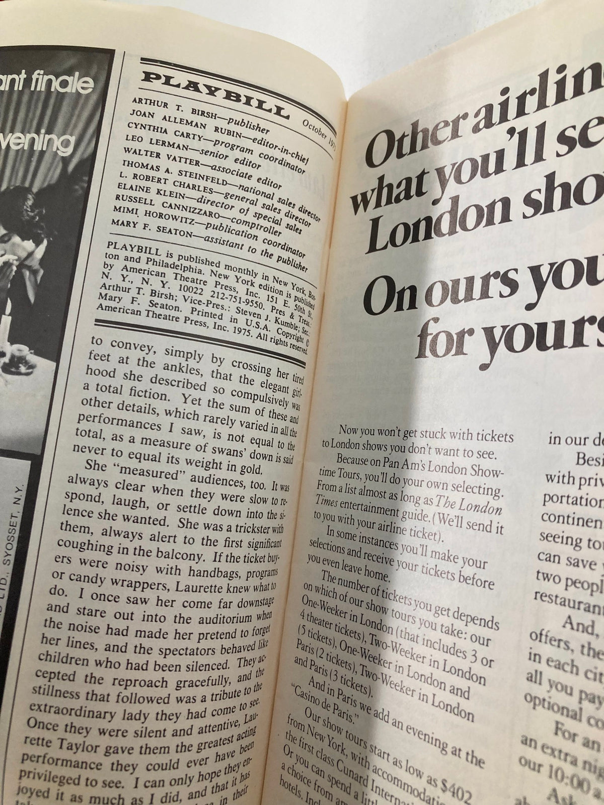 Inside spread of the 1975 Playbill for Scott Joplin's Treemonisha at the Uris Theatre, showcasing promotional content and a glimpse into the production's history.