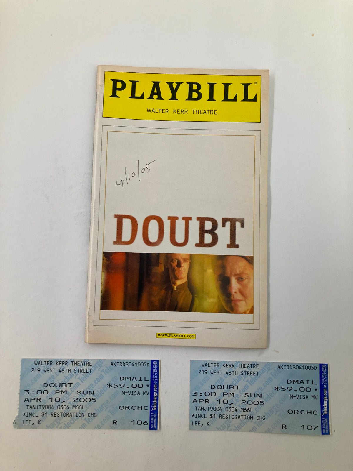 2005 Playbill from Walter Kerr Theatre for Doubt: A Parable featuring original tickets from the performance on April 10, 2005.