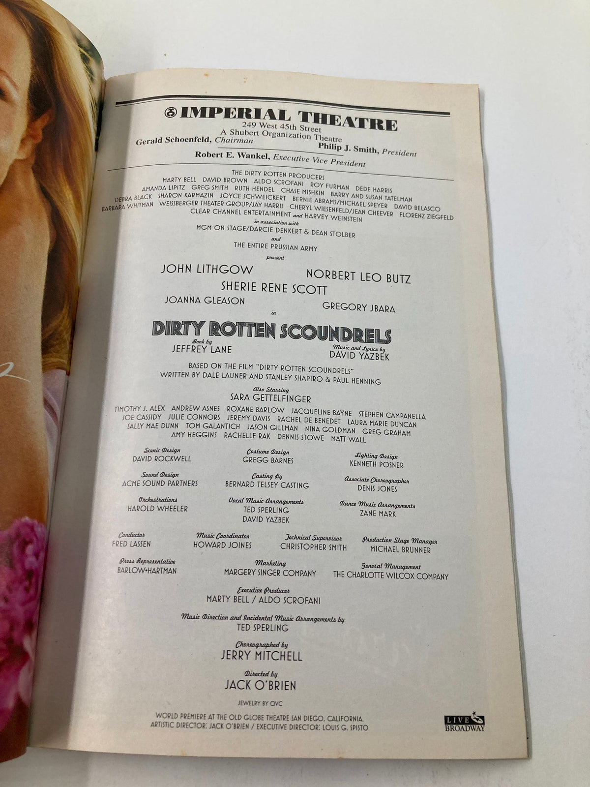 Full cast and production credits page from the 2005 Playbill for Dirty Rotten Scoundrels, featuring John Lithgow and the show's artistic team.