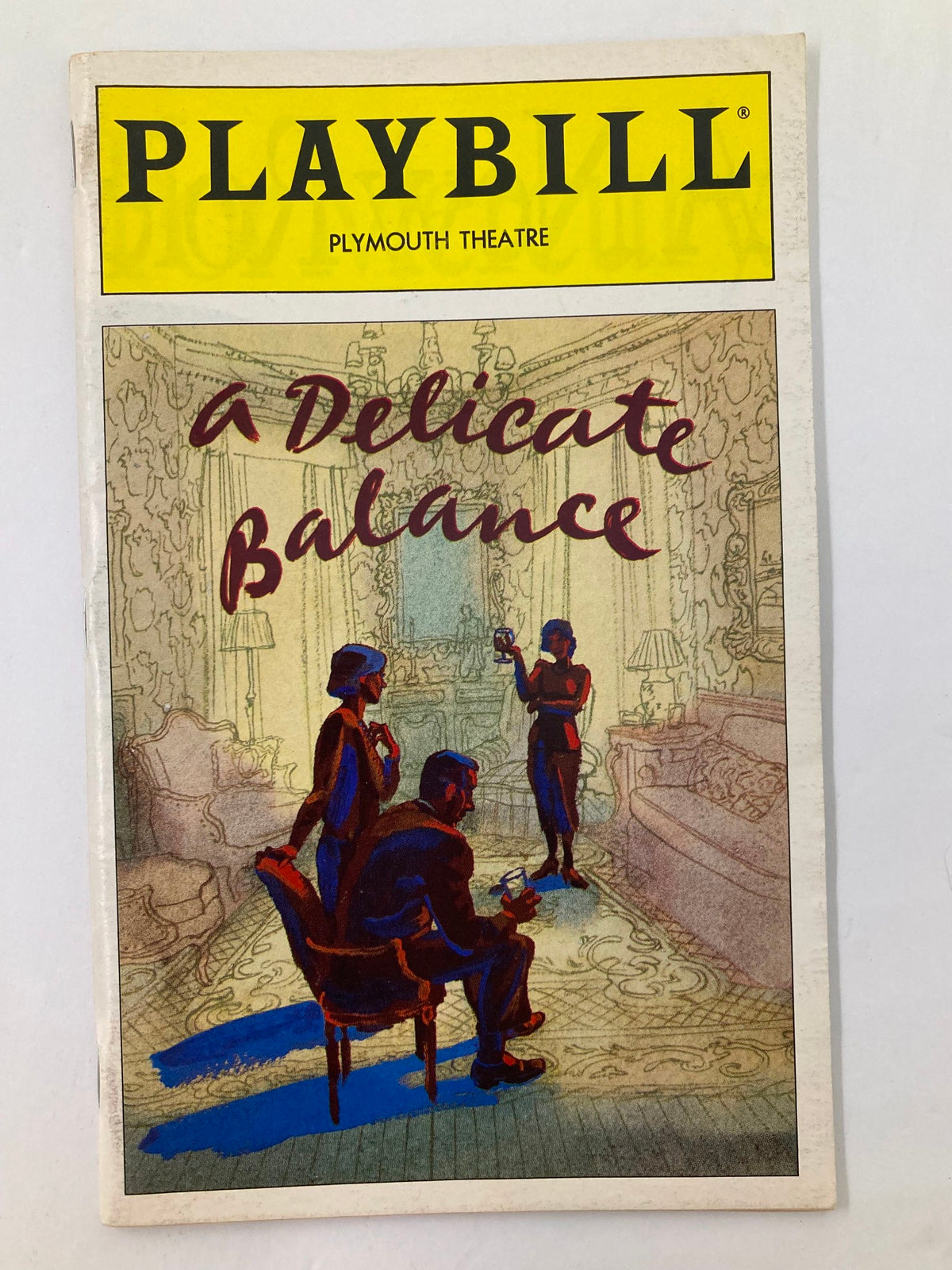 1996 Playbill from the Plymouth Theatre featuring Edward Albee's play 'A Delicate Balance', illustrated cover showcasing a scene with characters in a room, ideal for theater memorabilia collectors.