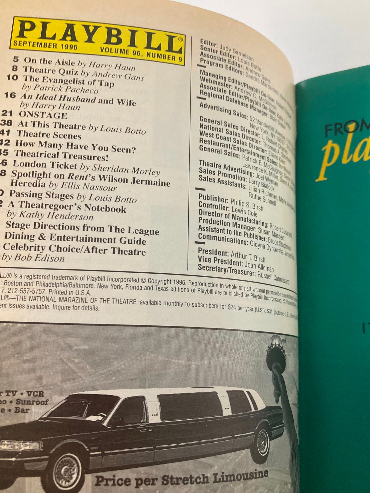 1996 Playbill Volume 96, Number 9, showcasing various articles and information related to the theater, including a quiz, reviews, and upcoming events. Part of the collection celebrating the production of Edward Albee's A Delicate Balance featuring Elaine Stritch at the Plymouth Theatre.