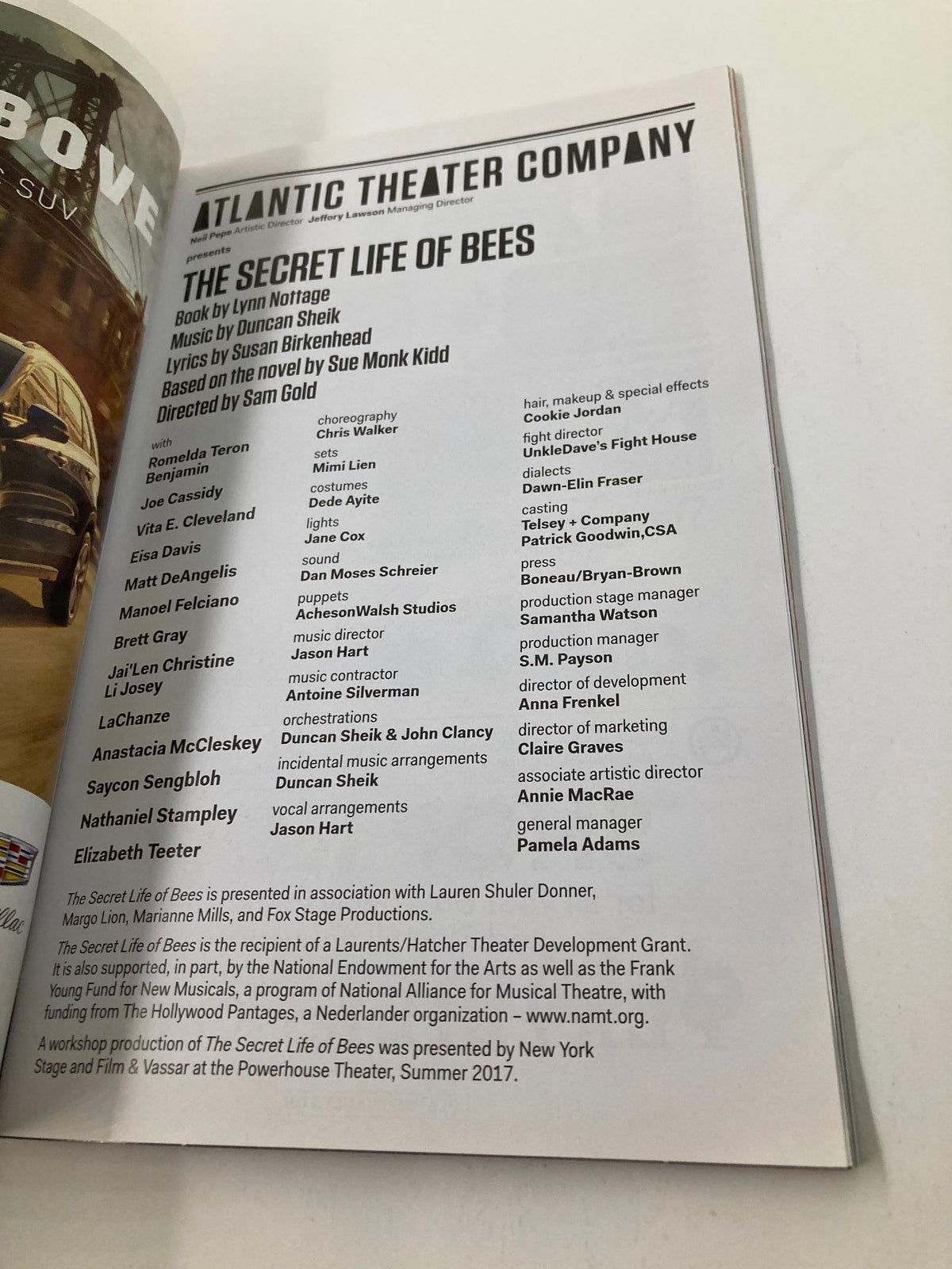 Publication page from The Secret Life of Bees Playbill detailing the creative team and production staff, highlighting the theatrical significance.