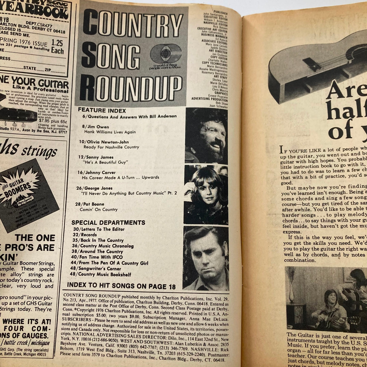 Inside spread of VTG Country Song Roundup Magazine April 1977 showing the feature index and articles. Highlights interviews and content related to country music artists like Sonny James and Olivia Newton-John.