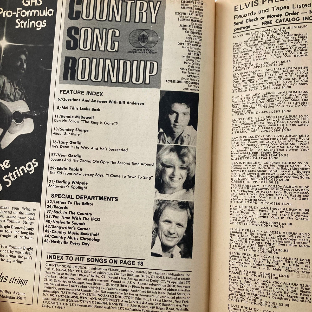 Interior page from the Vintage Country Song Roundup Magazine March 1978 displaying the feature index and highlights including Larry Gatlin and Mel Tillis.