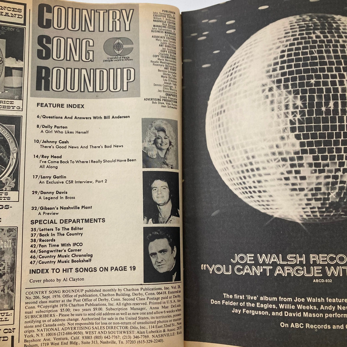 Interior page of the VTG Country Song Roundup Magazine September 1976, featuring the contents and interviews with country artists including Johnny Cash, Dolly Parton, and Roy Head.