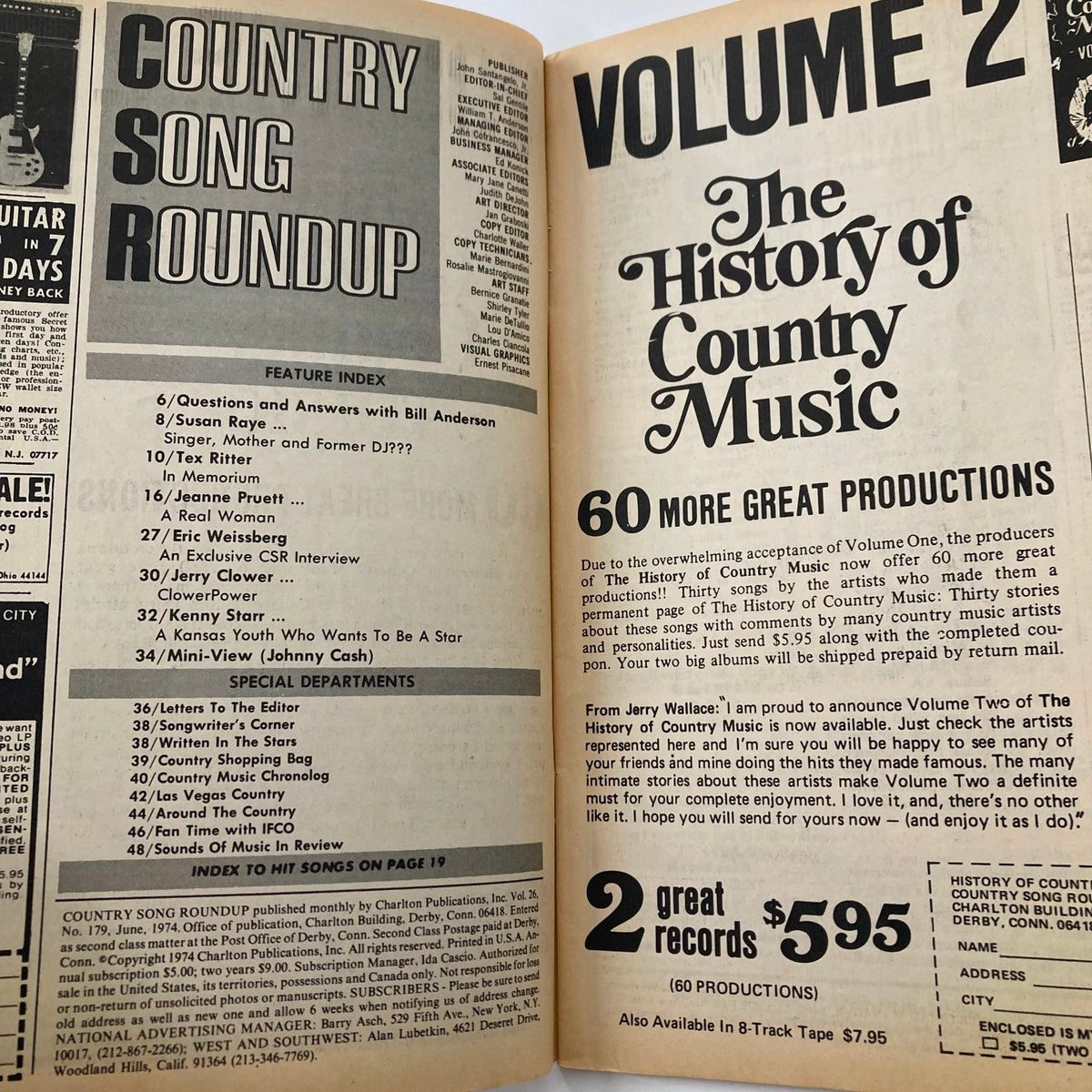 Interior page of the June 1974 Country Song Roundup Magazine highlighting features, including interviews with Bill Anderson and Johnny Cash, and the history of country music.