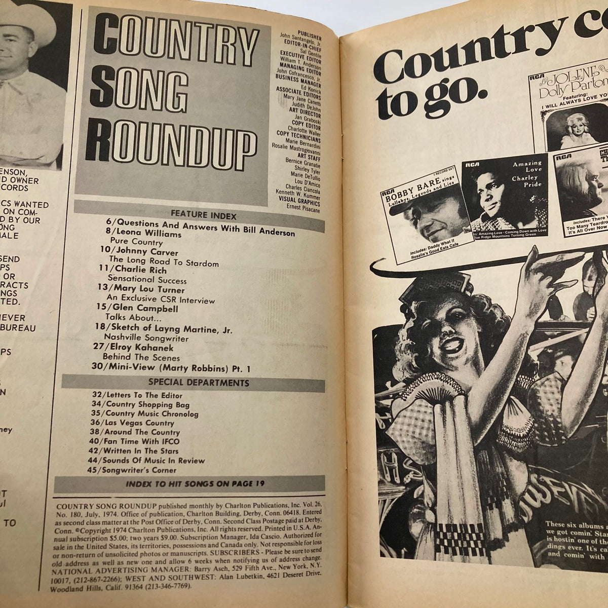 Interior pages of the VTG Country Song Roundup Magazine July 1974, displaying the feature index and various articles related to country music artists, including Johnny Carver and Leona Williams.