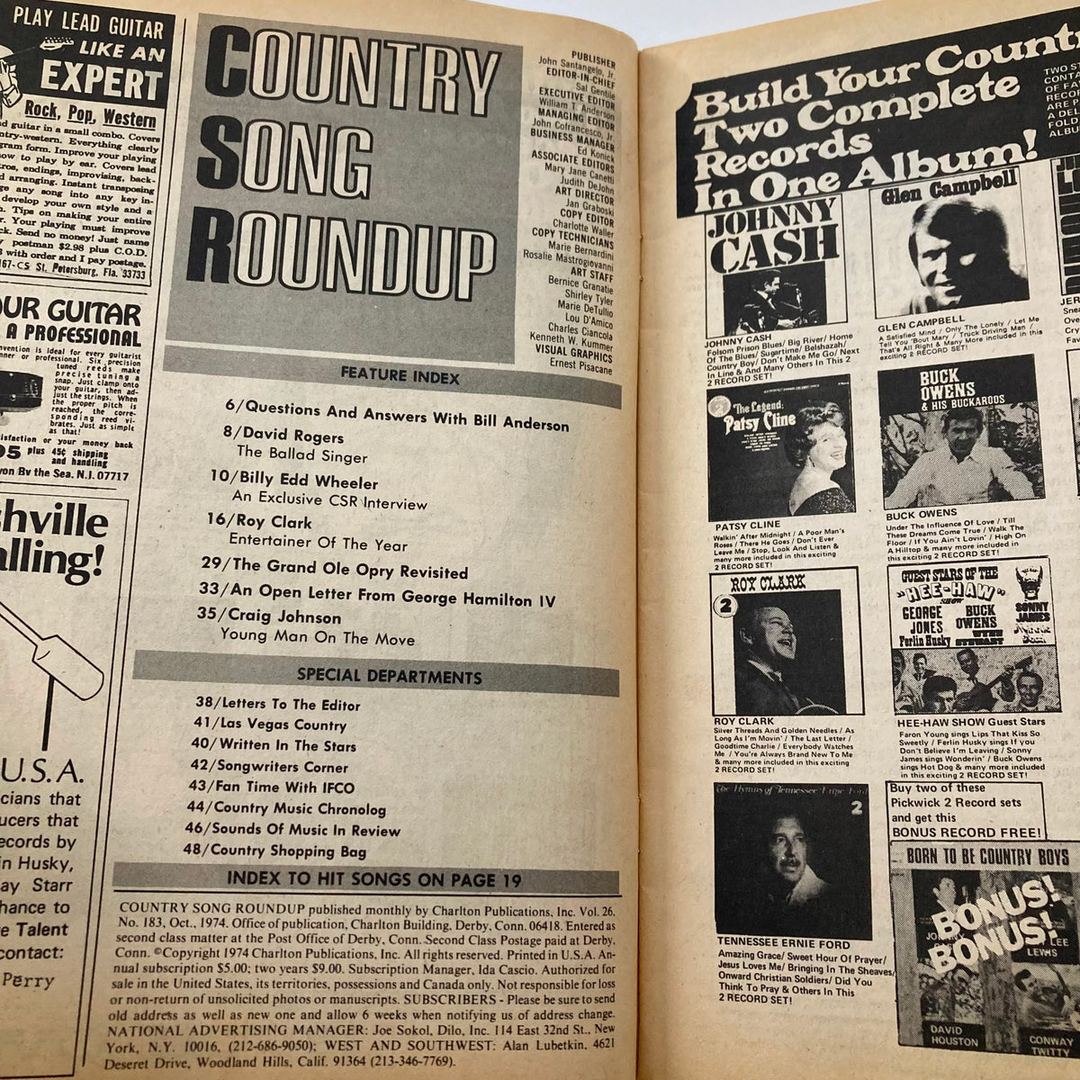 Interior view of the October 1974 issue of Country Song Roundup magazine featuring the feature index and advertisements, showcasing articles about Roy Clark and other iconic country musicians.