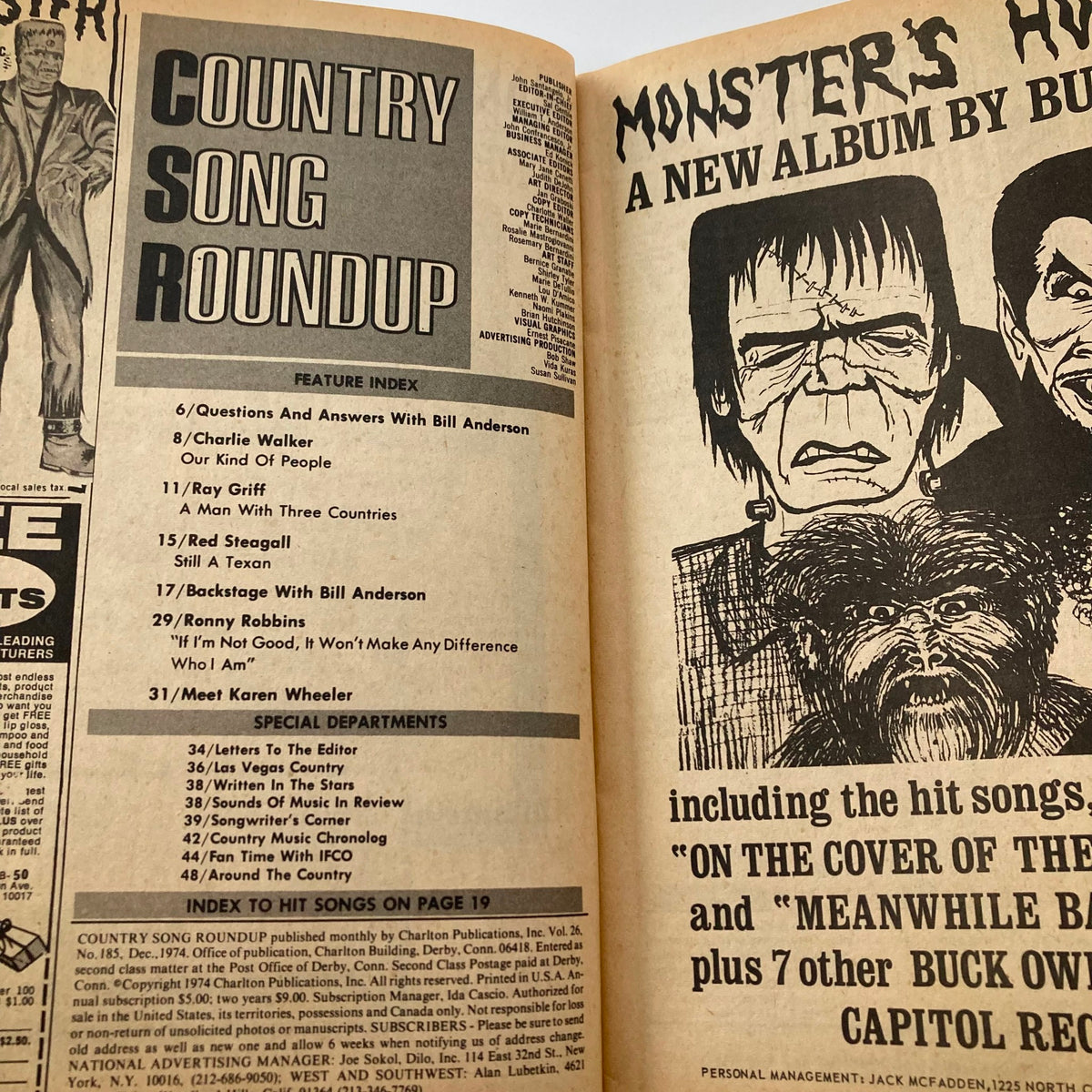 Vintage Country Song Roundup Magazine December 1974 Bill Anderson & Charlie Walker