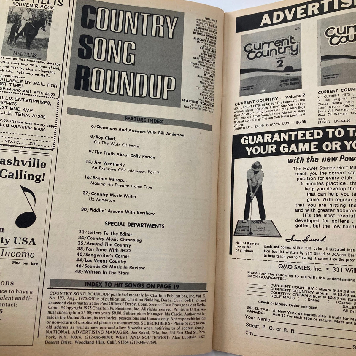 Interior page of VTG Country Song Roundup Magazine August 1975, displaying the feature index and advertisements related to country music, capturing the essence of the magazine's content with insights into articles on stars like Ronnie Milsap and Dolly Parton.