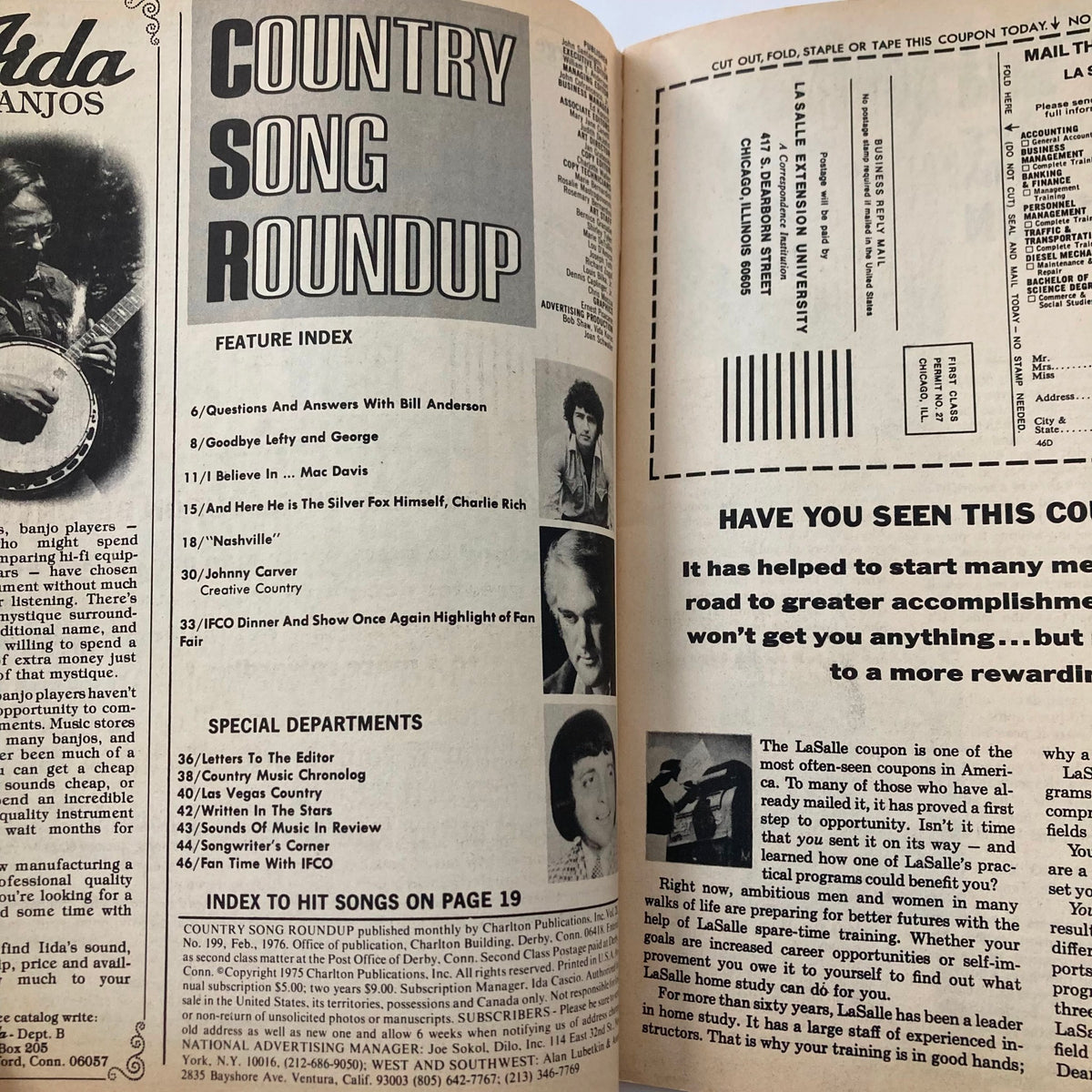 Inside spread of the Vintage Country Song Roundup Magazine February 1976, featuring the feature index with articles on Charlie Rich, Mac Davis, and other country music icons.