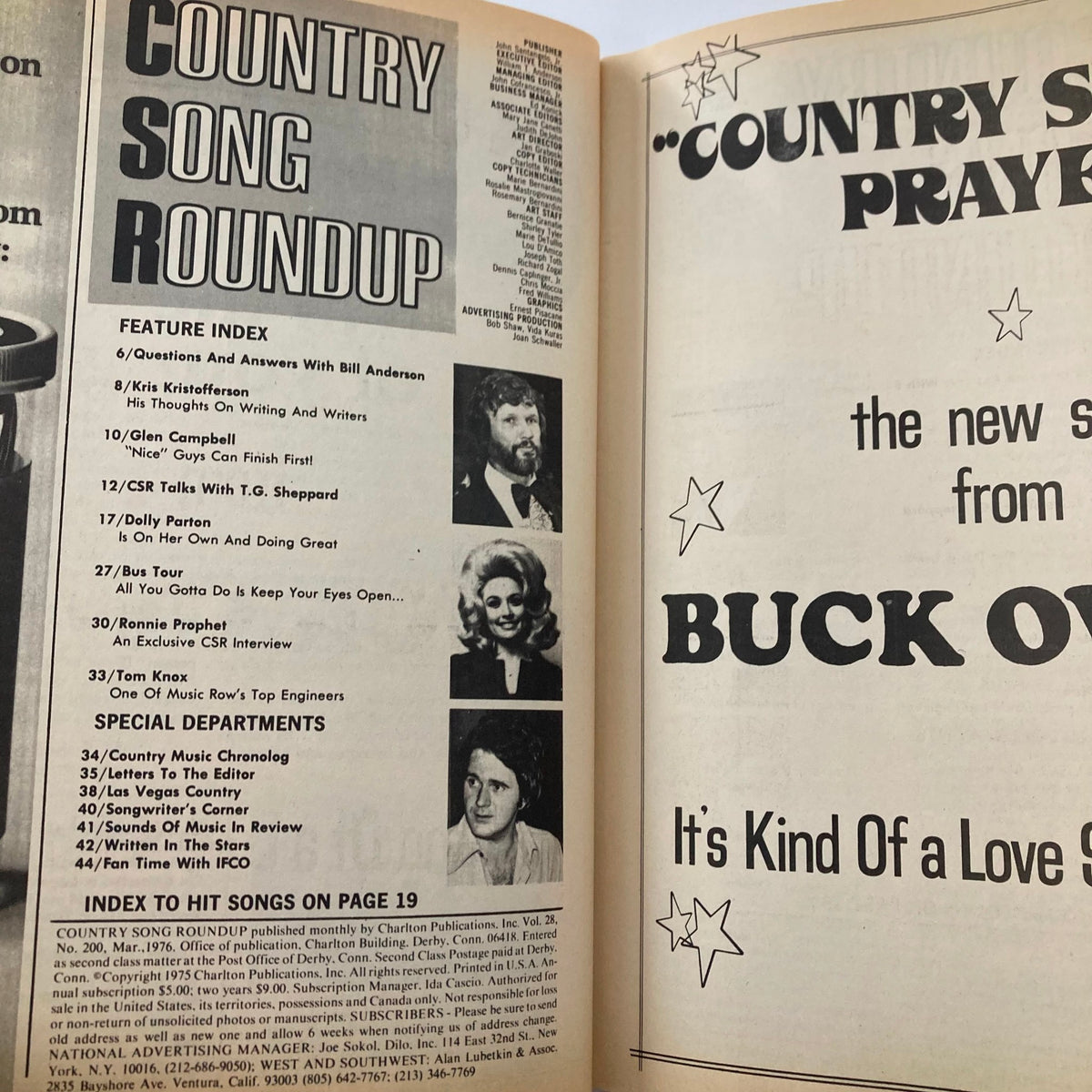 Inside page of the VTG Country Song Roundup Magazine from March 1976, displaying the feature index and notable artists including Dolly Parton and T.G. Sheppard.