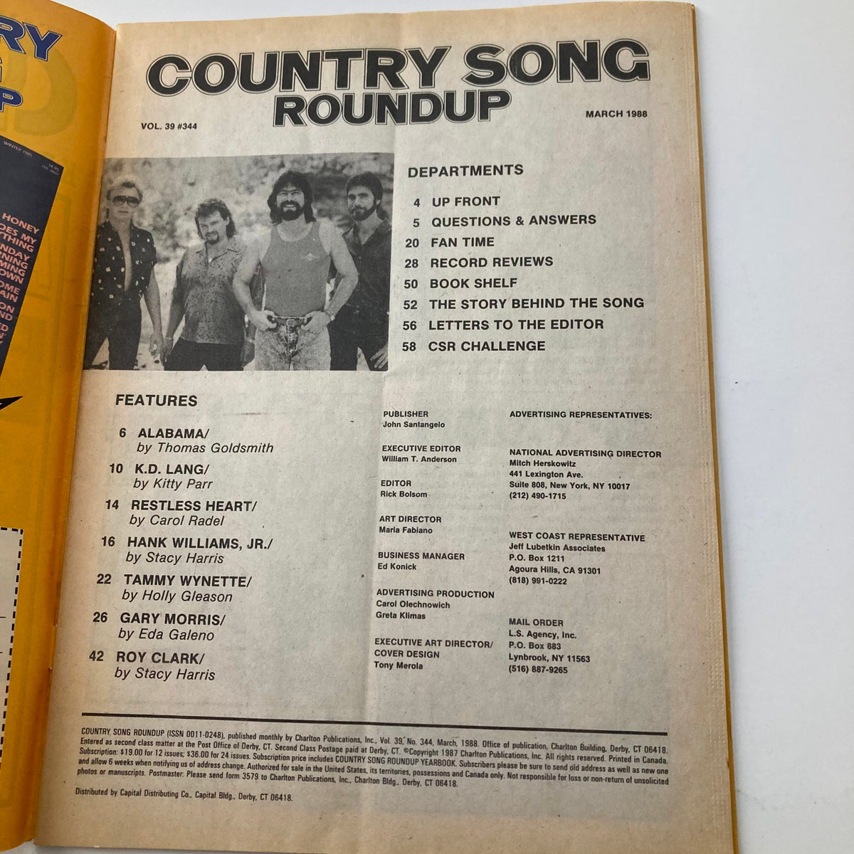 Interior page of Country Song Roundup magazine March 1988, listing features and departments including articles on Alabama, K.D. Lang, and more, capturing the essence of the country music scene.