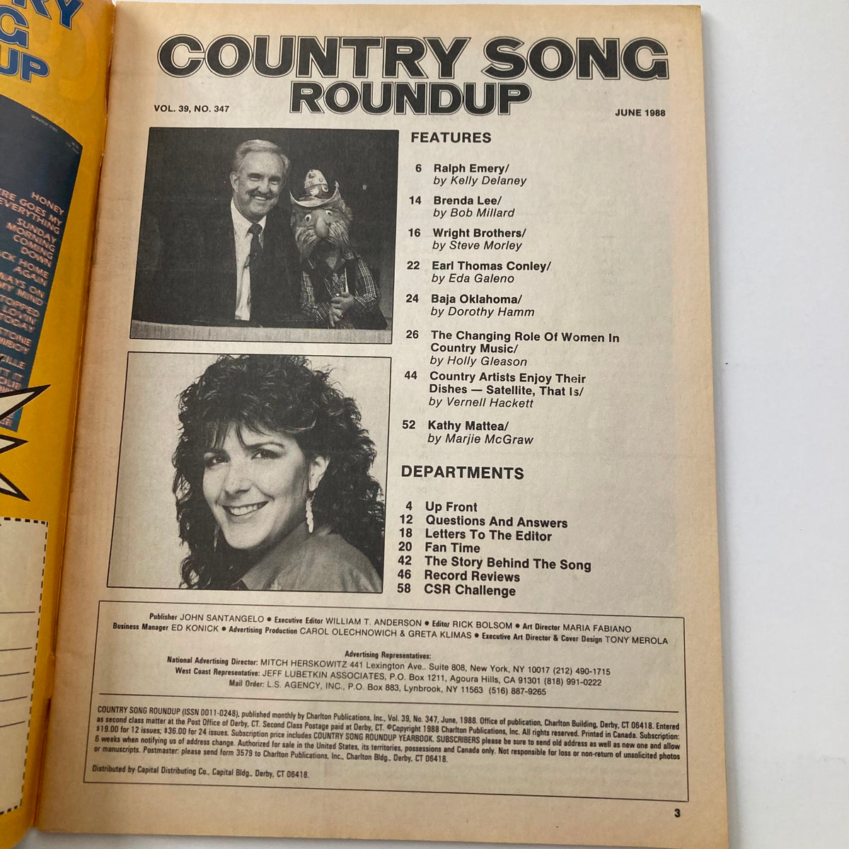 Interior page of the VTG Country Song Roundup Magazine June 1988 showcasing the contents with articles and features on Ralph Emery, the Wright Brothers, and notable country musicians of the era.