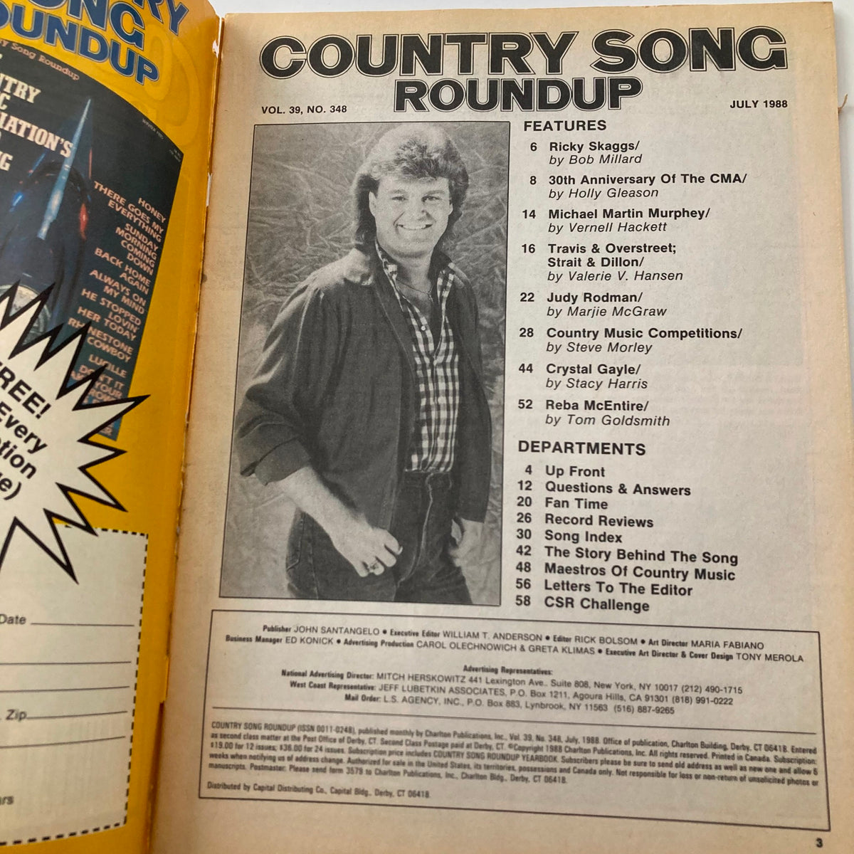 Inside page of the July 1988 Country Song Roundup Magazine, showcasing features on Ricky Skaggs, Judy Rodman, and Crystal Gayle, celebrating country music's history.