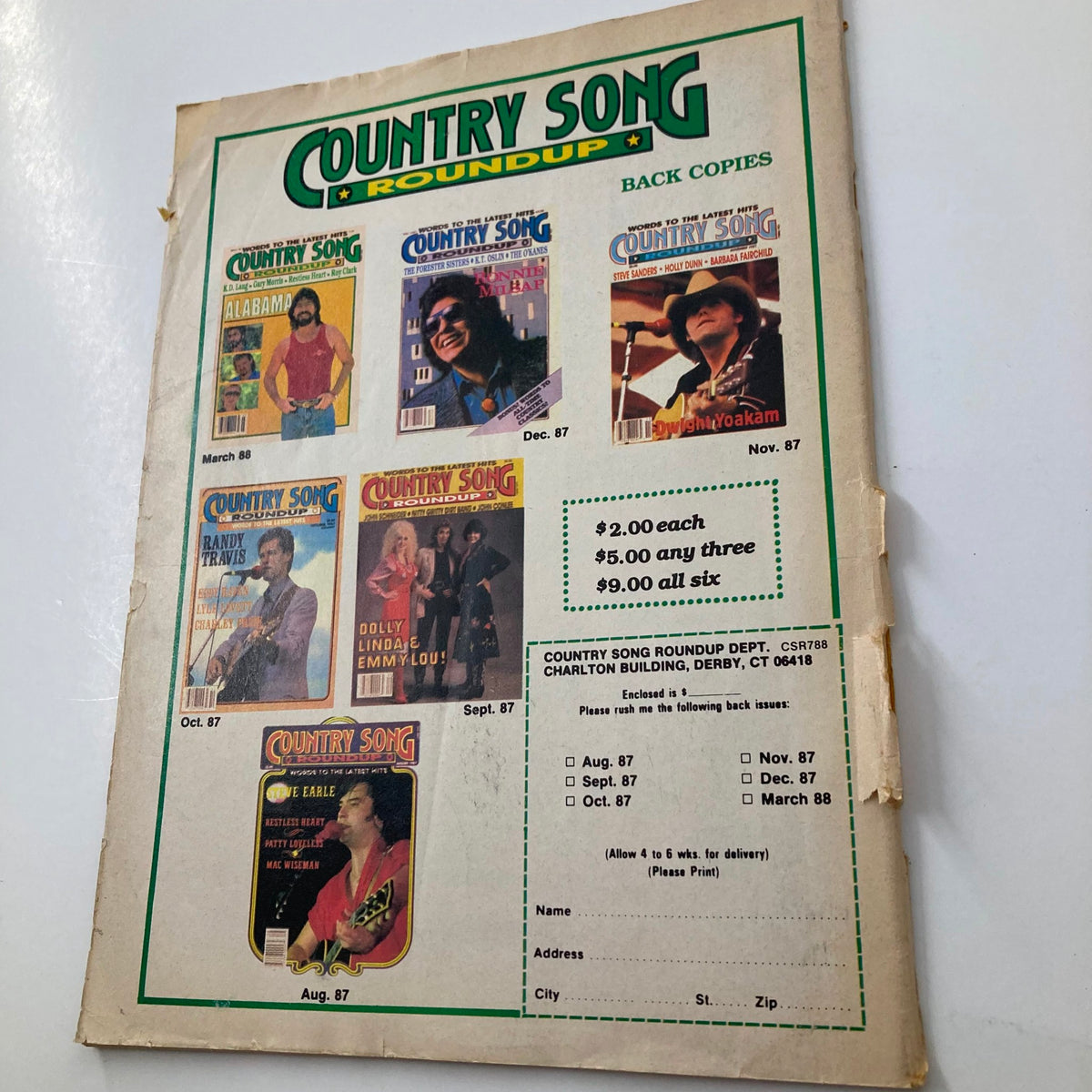 Back cover of the July 1988 Country Song Roundup Magazine displaying advertisements for past issues and pricing, emphasizing the magazine's appeal to collectors.