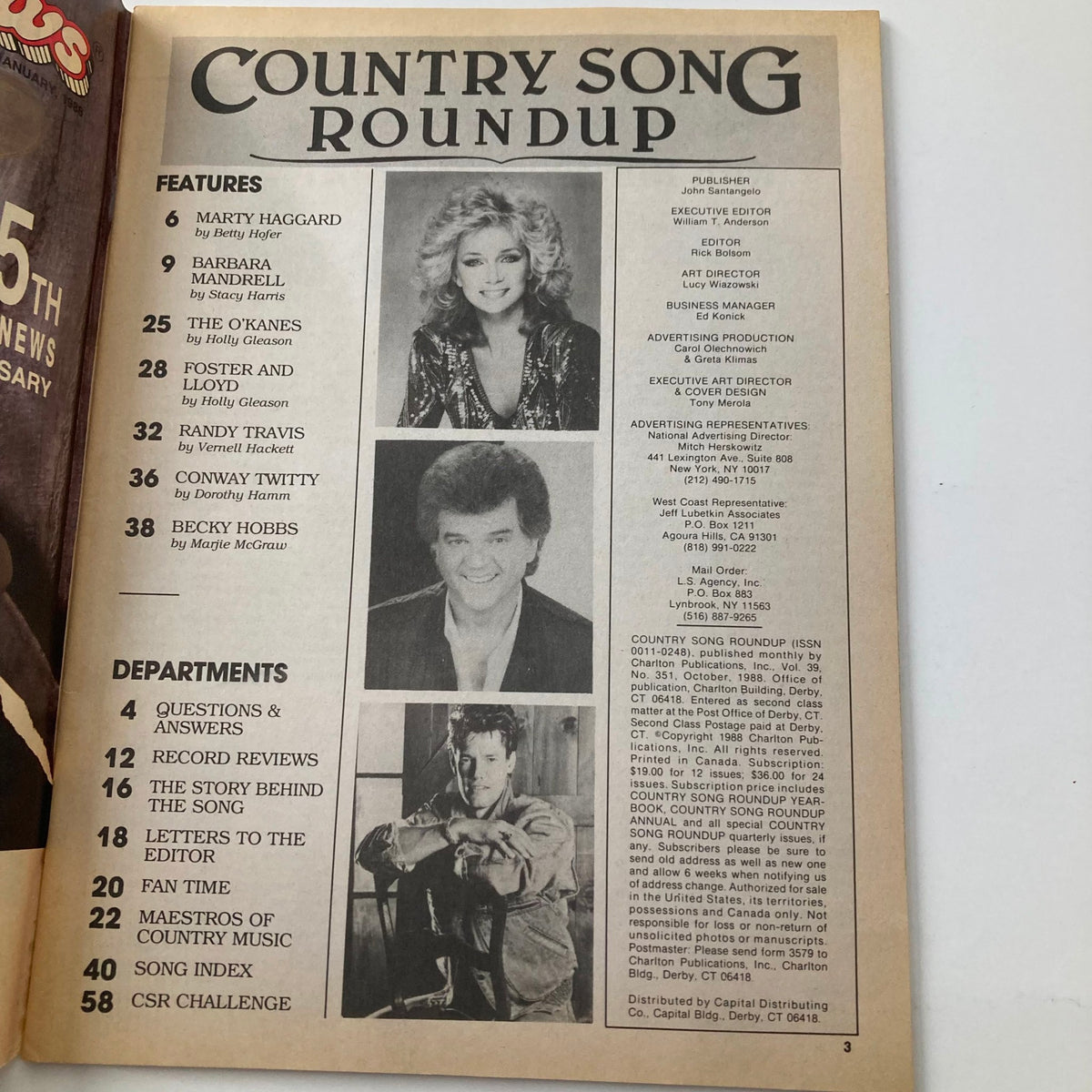 Contents page of the VTG Country Song Roundup Magazine, October 1988, featuring highlights and articles on artists including Randy Travis, Marty Haggard, and Conway Twitty.
