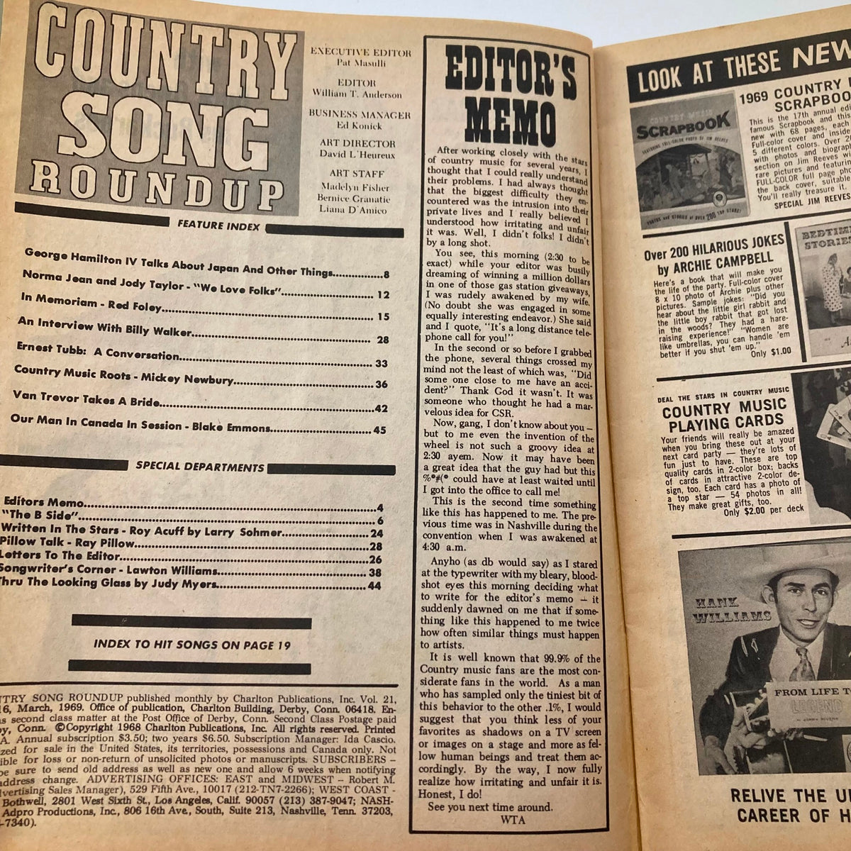 Inside page of the VTG Country Song Roundup Magazine, March 1969, displaying the feature index and editor's memo, capturing the essence of country music and notable artists.