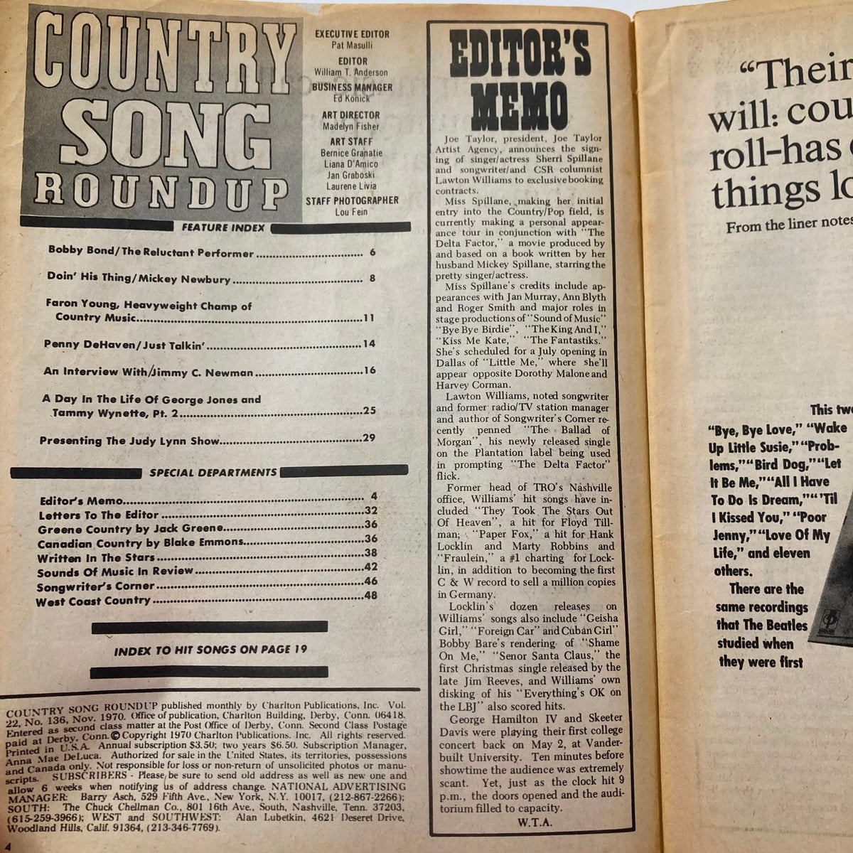 Interior page of the VTG Country Song Roundup Magazine November 1970 displaying the feature index and editor's memo. The layout highlights various articles about country music legends, capturing the essence of the genre's era.