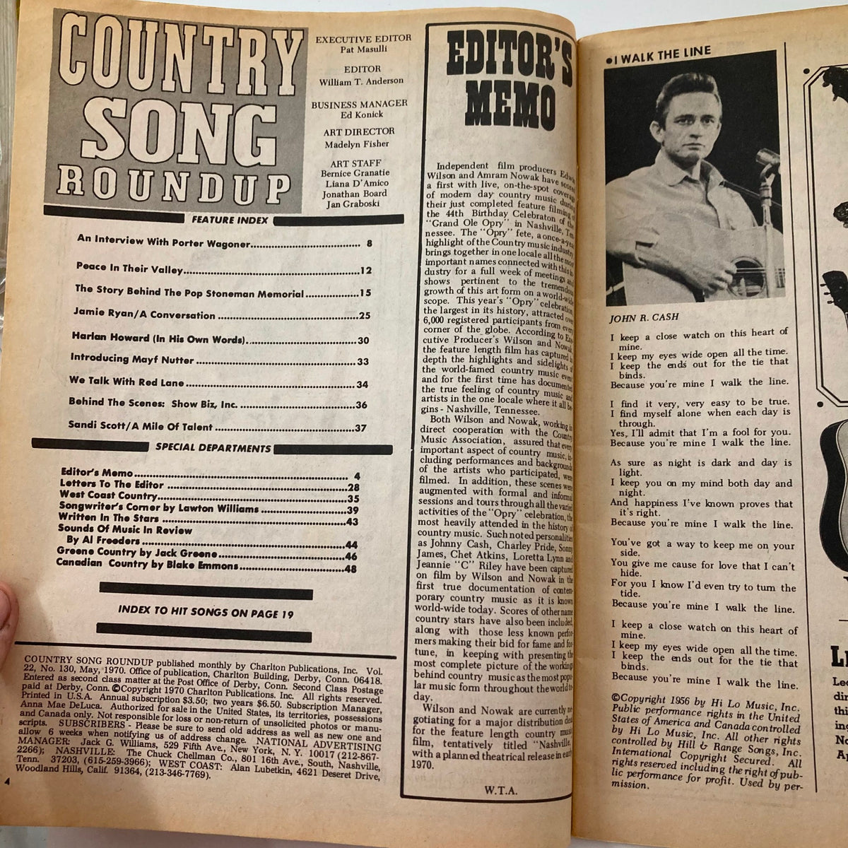 Inside page of the VTG Country Song Roundup Magazine, May 1970, showcasing the feature index, including articles about Porter Wagoner and Harlan Howard, as well as a memo from the editor.