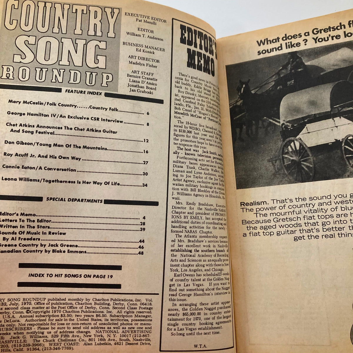Interior page of VTG Country Song Roundup Magazine July 1970, displaying the feature index and editor's memo, illustrating the publication's content on country music.
