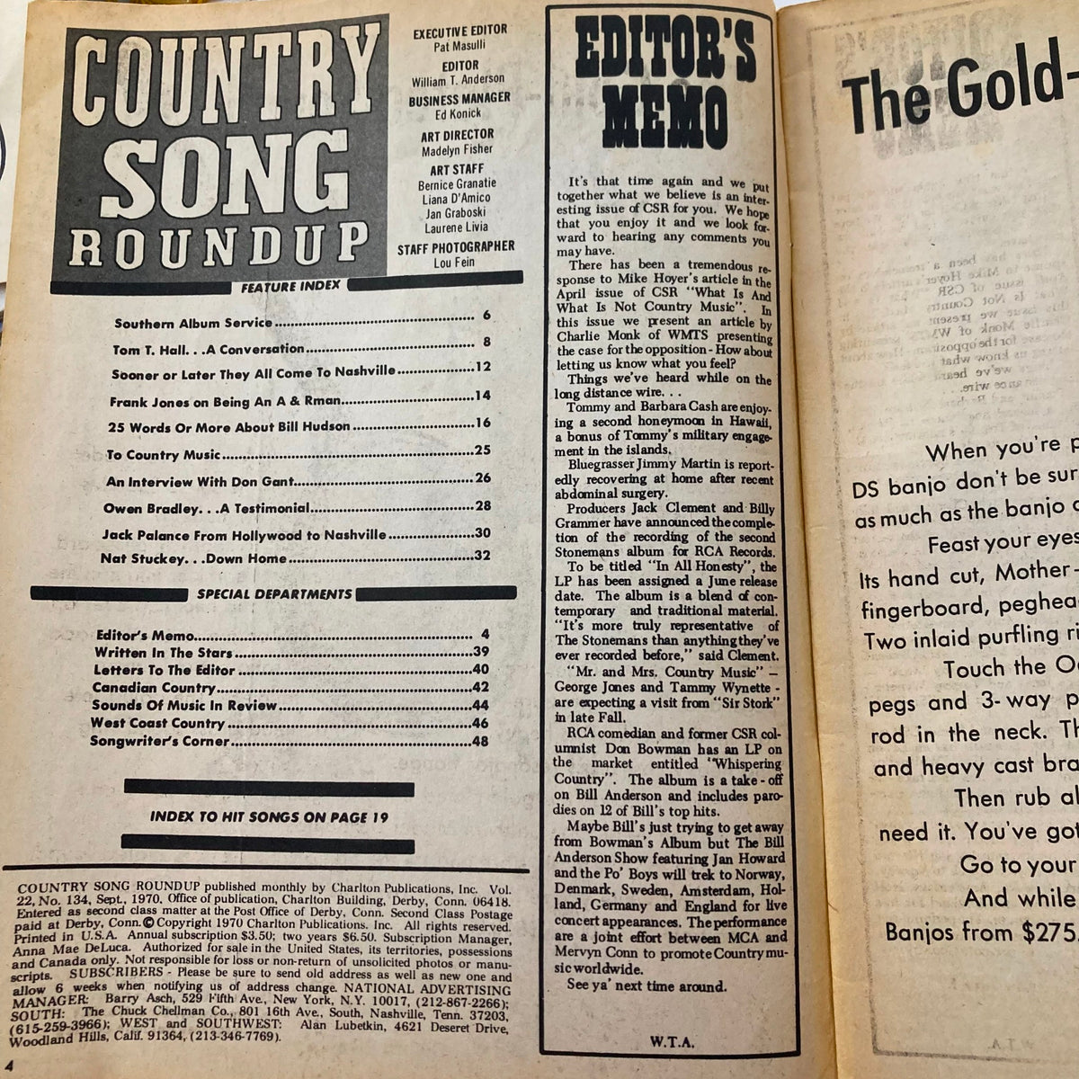 Interior page of VTG Country Song Roundup Magazine September 1970, featuring the editor's memo and feature index highlighting various country music topics.