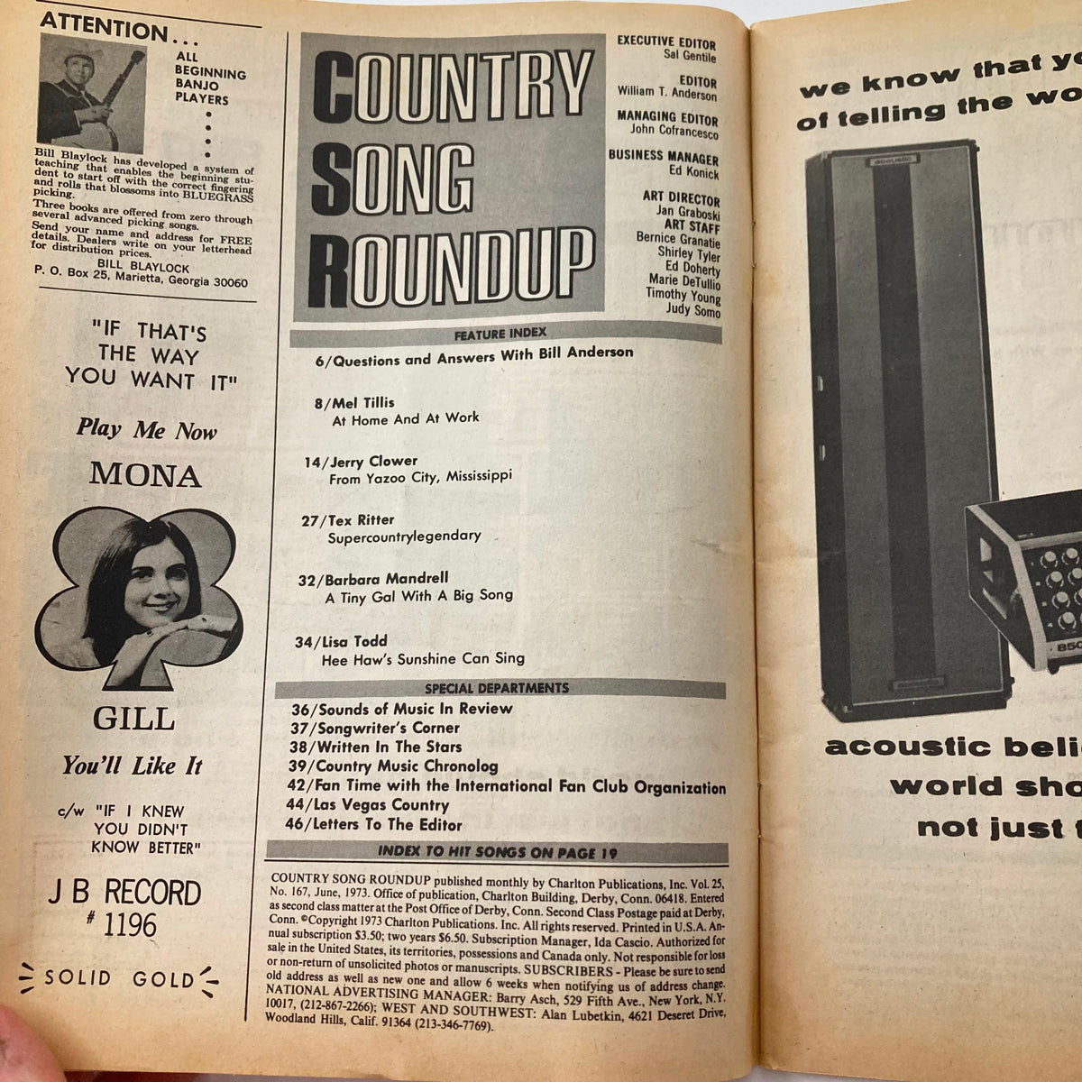 Interior page of VTG Country Song Roundup Magazine June 1973 displaying feature index including Mel Tillis and Barbara Mandrell articles.